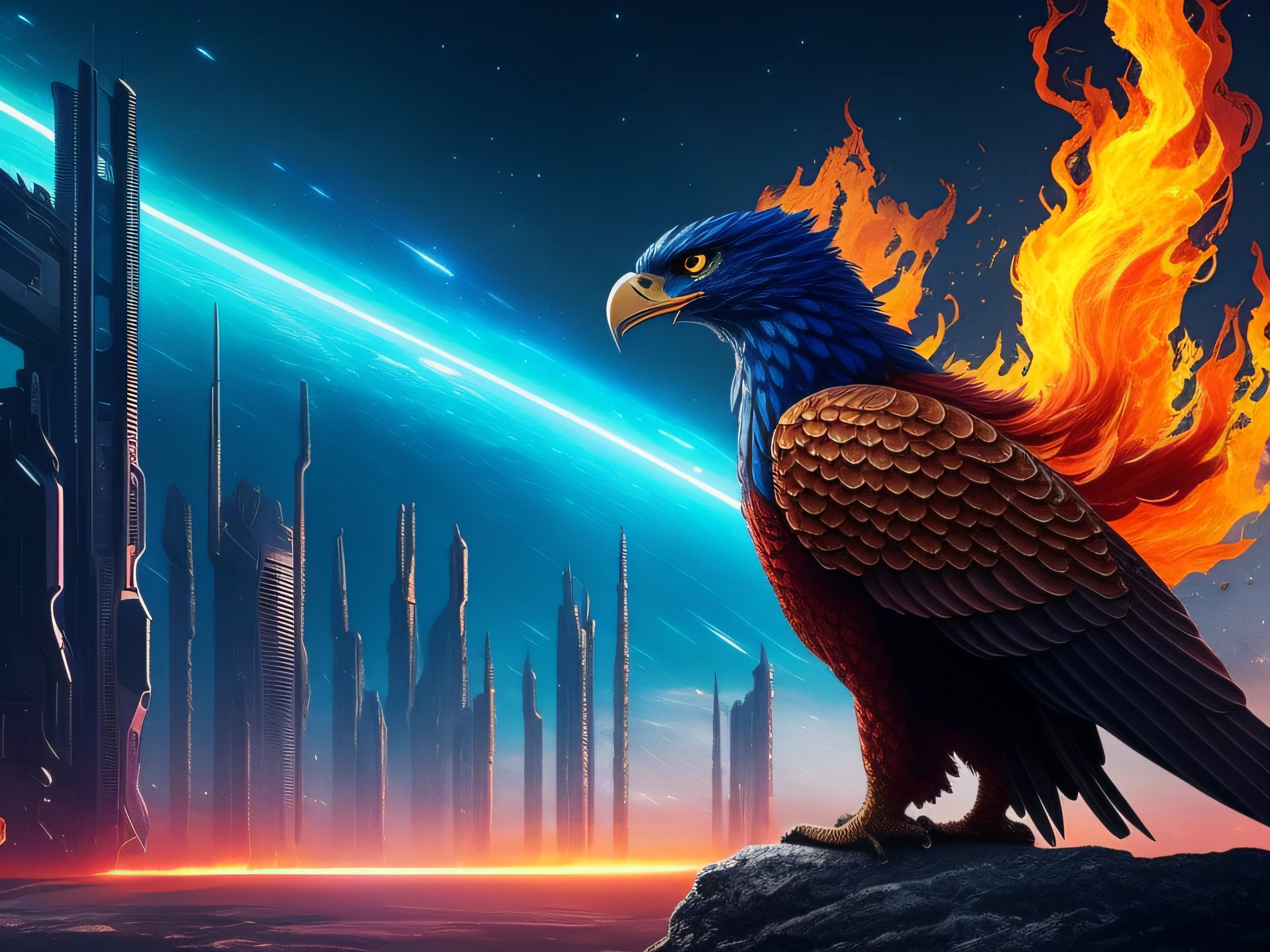 [Cyberpunk Eagle Robot 1.2], [Cidade Futurista 1.0], cinemactic, octano, cores insanas, arte hiper realista, Trabalho premiado, Holographic accessories, e um pano de fundo de uma paisagem urbana cyberpunk imersiva. Crie esta obra-prima para transmitir a energia vibrante e a garra da paisagem urbana, making it a symbol of urban cool. (best quality:1.33), (master part:1.42), (Realistic:1.24), (circunstanciado:1.15), A fiery cosmic deity with flaming hair, a Deusa Ruiva irradia o brilho das estrelas. His eyes reflect distant galaxies, and his touch gives the essence of life to the planets. She is the creative force that weaves the fabric of the universe.