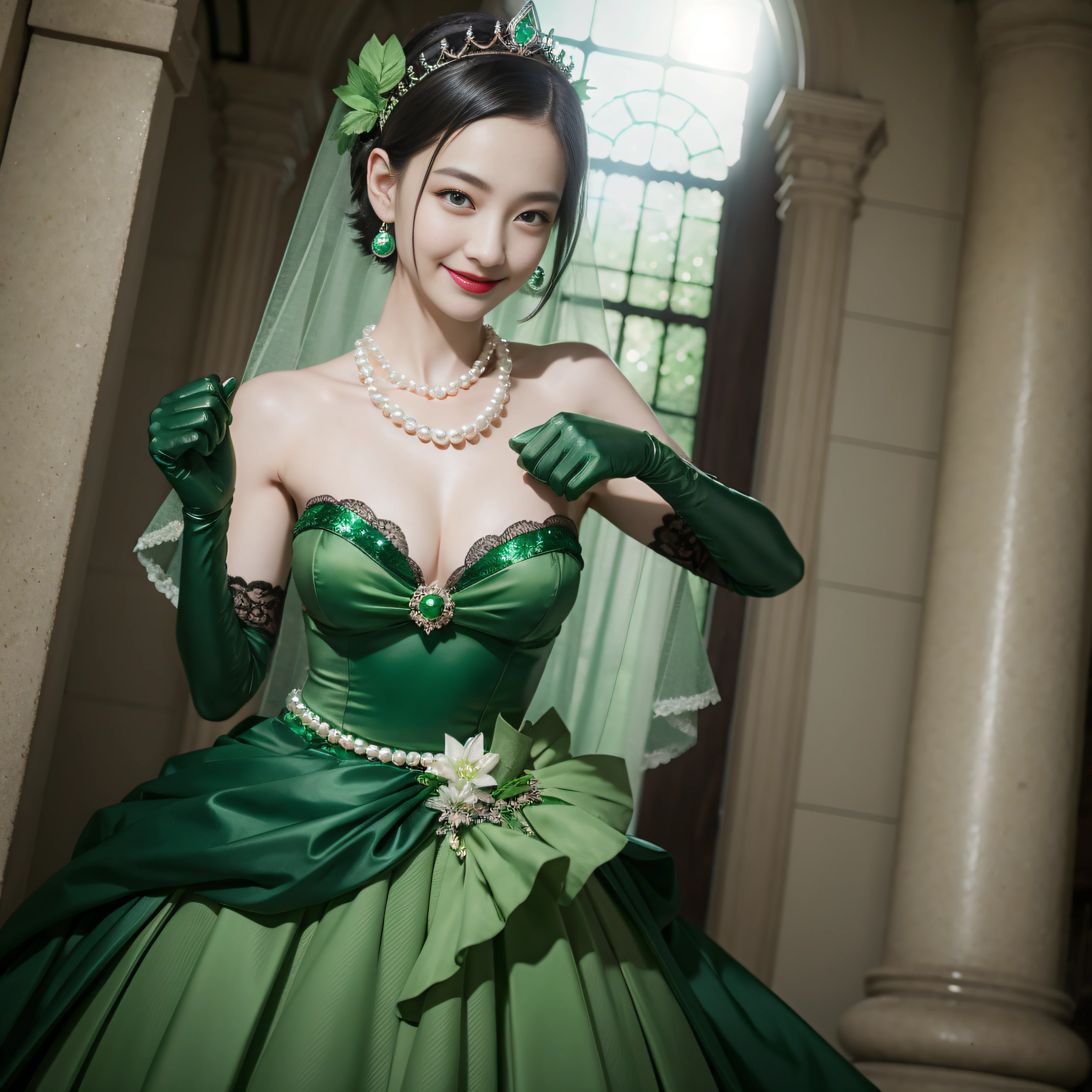 Boyish very short black hair, lipsticks, Japan woman smiling, Long green gloves made of satin material, emerald tiara, Pearl Necklace, verd s eyes, Green eyes, huge tit
