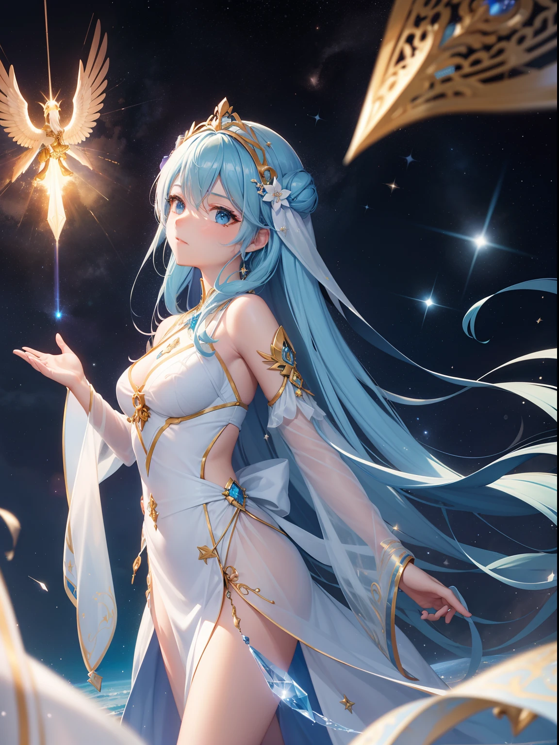 No meio do universo, The goddess is sailing through space in all her splendor. Com sua energia, ela ilumina seu caminho, Sua beleza ilumina tudo ao seu redor ainda mais brilhante. Estrelas, All the beauty of the galaxy and the universe is all around you. She wears beautiful white and blue fabric with amazing embroidery, Her endless sky blue hair seems to fly behind her. The light of the crystal is shining。fantasia
