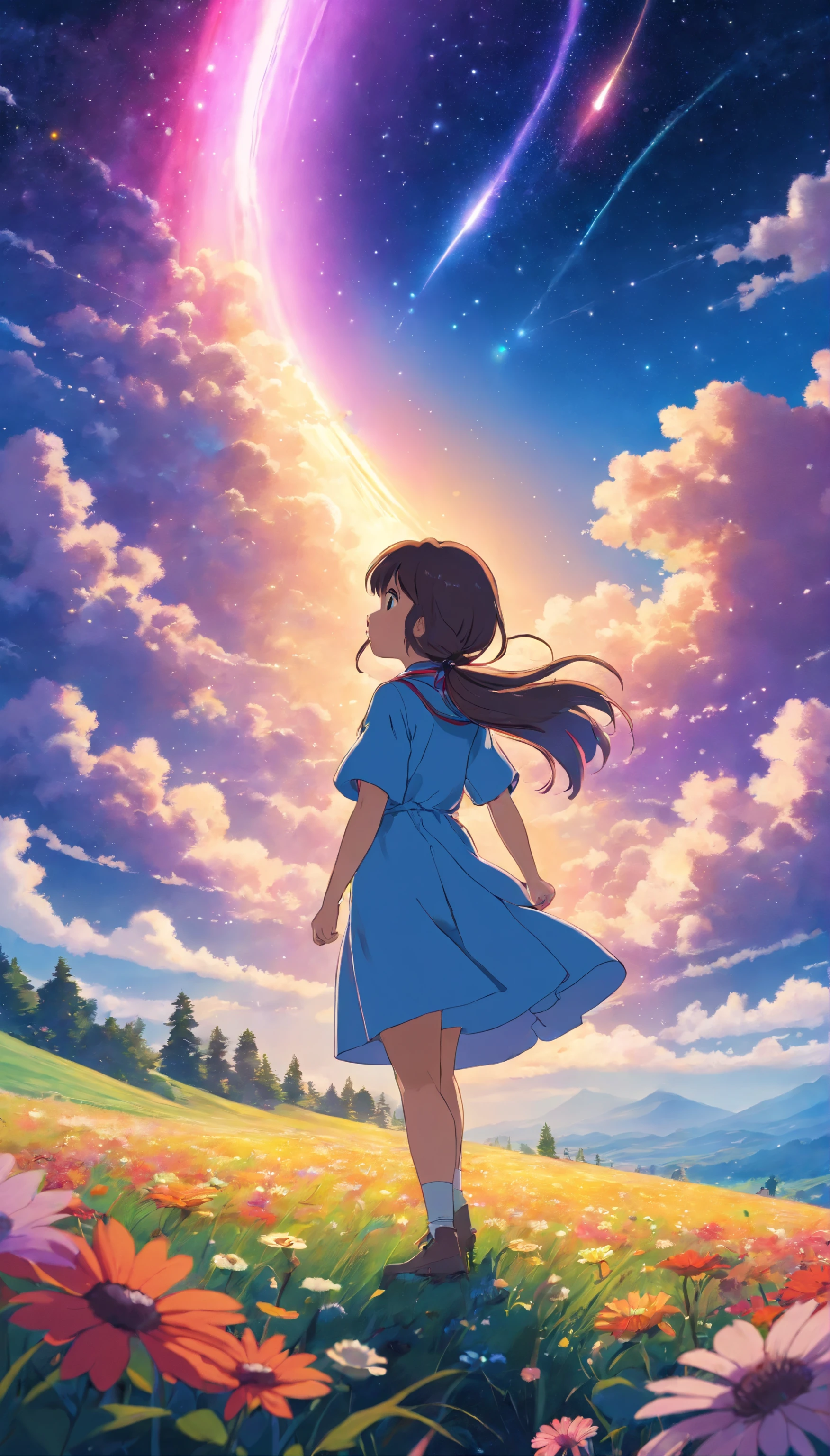 A wide landscape photo, (viewed from below, the sky is above, and the open field is below), a girl standing on a flower field looking up, (full moon: 1.2), (meteor: 0.9), (nebula: 1.3), distant mountains , Trees BREAK Crafting Art, (Warm Light: 1.2), (Firefly: 1.2), Lights, Lots of Purple and Orange, Intricate Details, Volumetric Lighting BREAK (Masterpiece: 1.2), (Best Quality), 4k, Ultra Detailed, (Dynamic Composition: 1.4), Rich in Detail and Color, (Rainbow Color: 1.2), (Glow, Atmospheric Lighting), Dreamy, Magical, (Solo: 1.2)