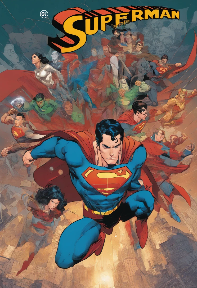 Cartaz representando um grupo de pessoas com Superman e Miracle, Estilo de Arte DC Comics, Arte no estilo dos quadrinhos, Comic book cover by Phil Noto, estilo de arte em quadrinhos, comiс style, Satoshi pode retratar um estilo de arte, classic-cult-comic-style, comiс style, Arte Digital em Quadrinhos, Capa de quadrinhos, Стиль DC Comics, Capa de quadrinhos, Arte no estilo dos quadrinhos