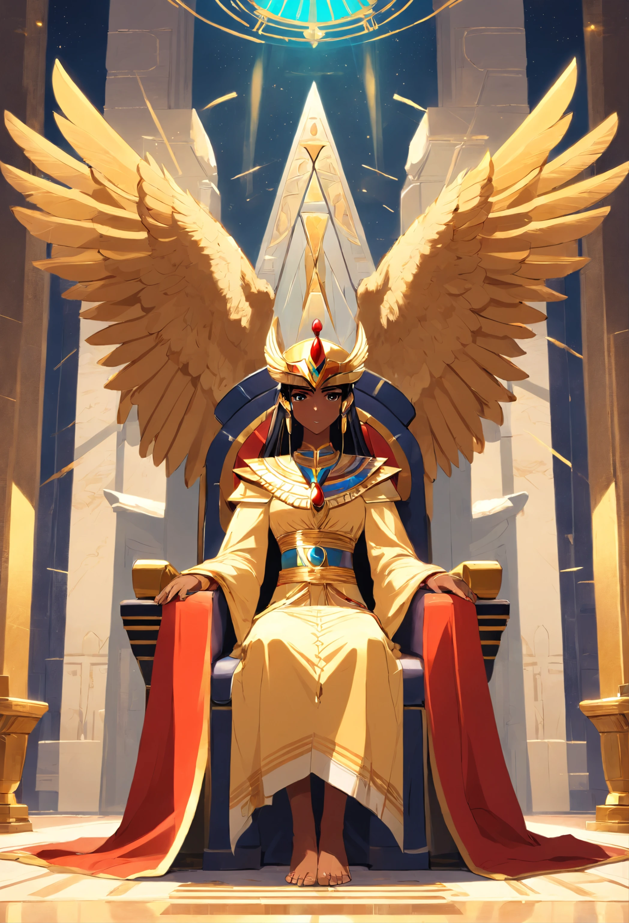 Create an image of the god Ra, falcon head, sitting on the throne, Egyptian god, powerful, inside a palace, golden throne and Egyptian robes. Brown skin color. With wings behind the throne., Illustration in anime format.