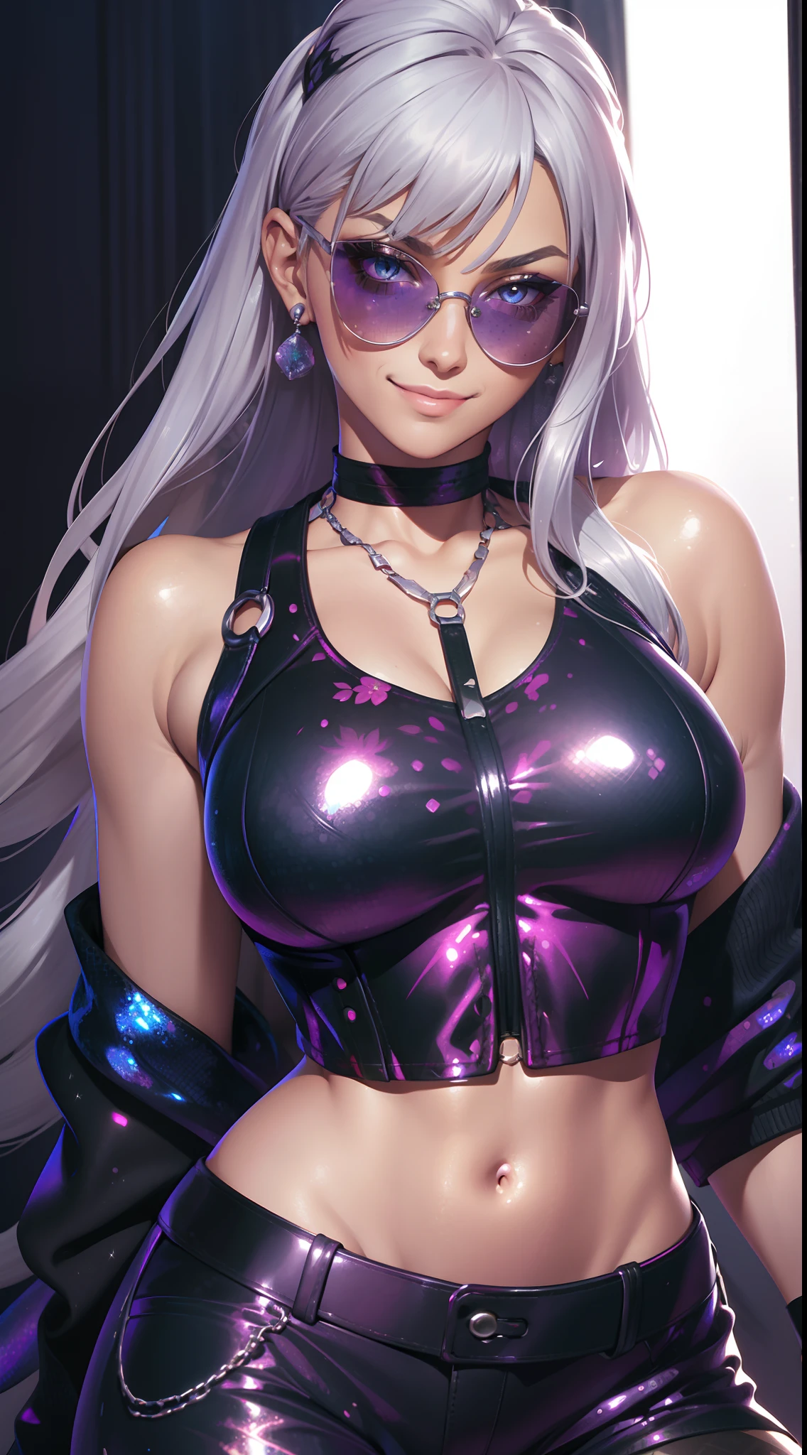 ((best quality, masterpiece)), detailed, realistic, 1woman, cool, fancy sleeveless floral print sexy sequin cropped top, stylish pants, choker, long stylish platinum silver hair, dark shades, smug smile