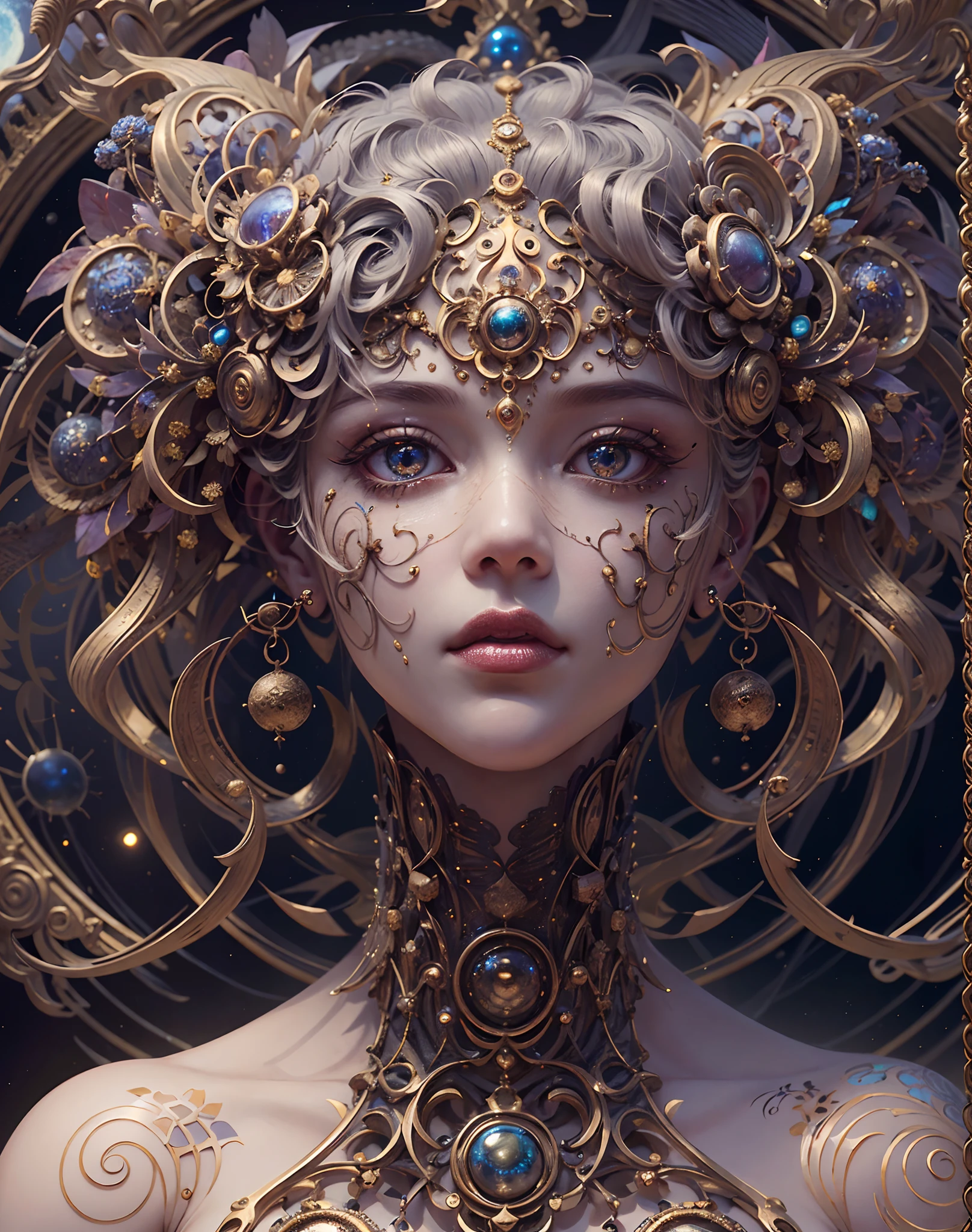 （best qualtiy，ultra - detailed，Most Best Illustration，Best shadow，tmasterpiece，A high resolution，professionalartwork，famousartwork），Detailed eyes，beautidful eyes，closeup cleavage，sci-fy，colored sclera，Robot eyes，face markings，Tattooed with，（fractalized，Fractal eyes），largeeyes，Wide eyes，（Eye focus），sface focus，Cosmic eyes，Space eyes，Close-up of metal sculpture of a woman with a moon in her hair，goddes。extremly high detail，3 d goddess portrait，Extremely detailed footage of the goddess，a stunning portrait of a goddess，Side image of the goddess，portrait of a beautiful goddess，Full body close-up portrait of the goddess，hecate goddess，portrait of a norse moon goddess，goddess of space and time