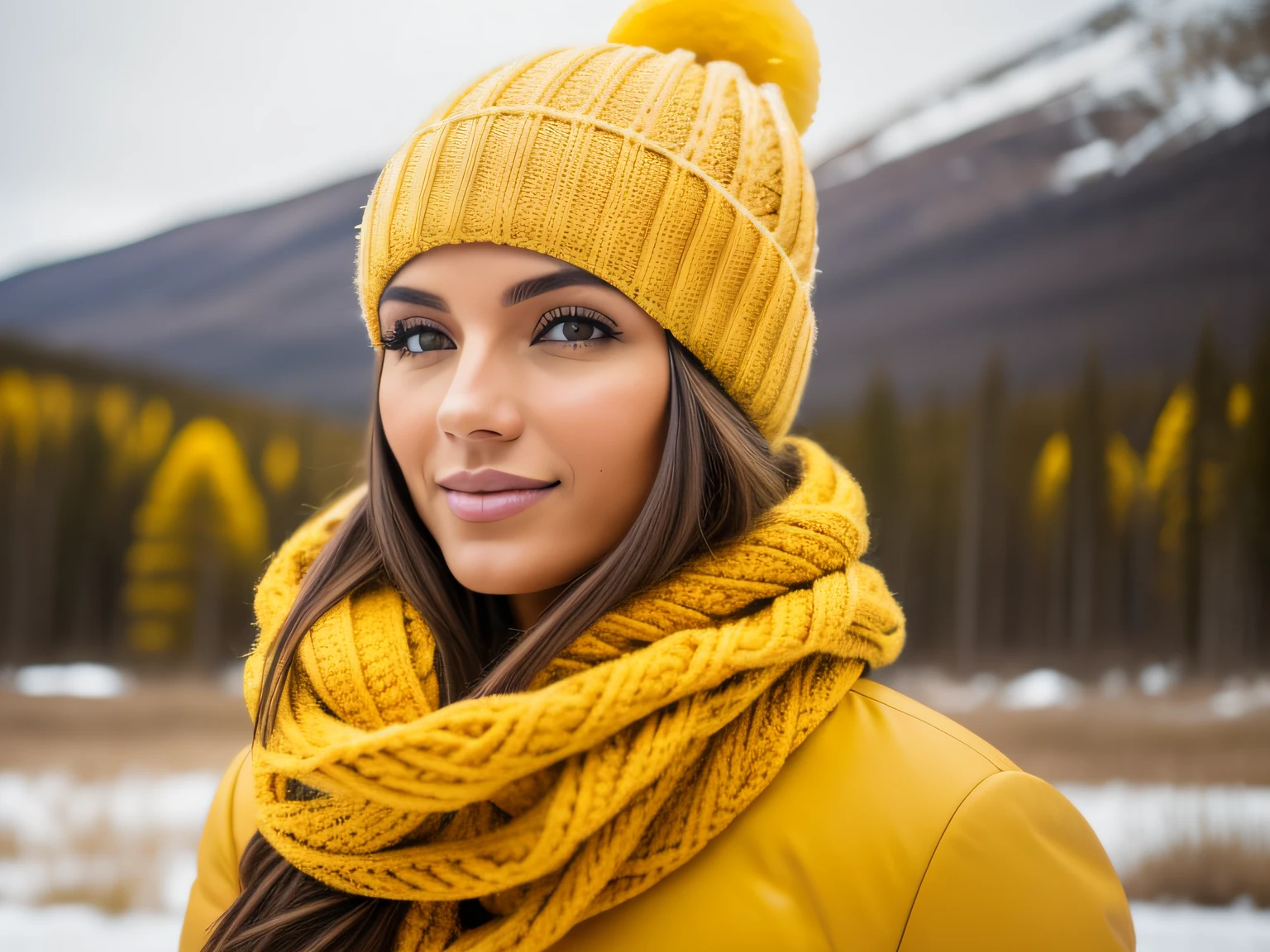 Magen de un modelo de piel mulata con abrigo y gorro amarillo, symbolizing the winter season in the background ON THE SIDE WITH COPY SPACE