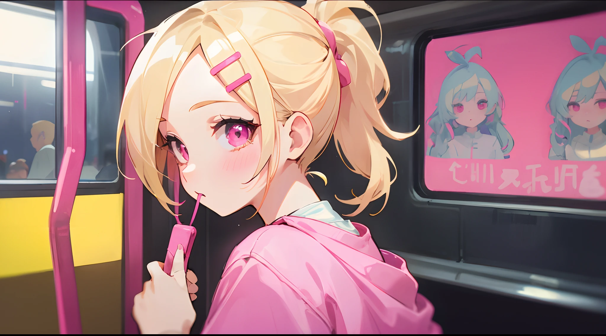 1 girl, blonde hair, blonde woman, pony tail, bright pink eyes, pastel colours, Cute hair clips, stands in the subway, looking at a pink phone with a keychain, very many people, Hair develops
