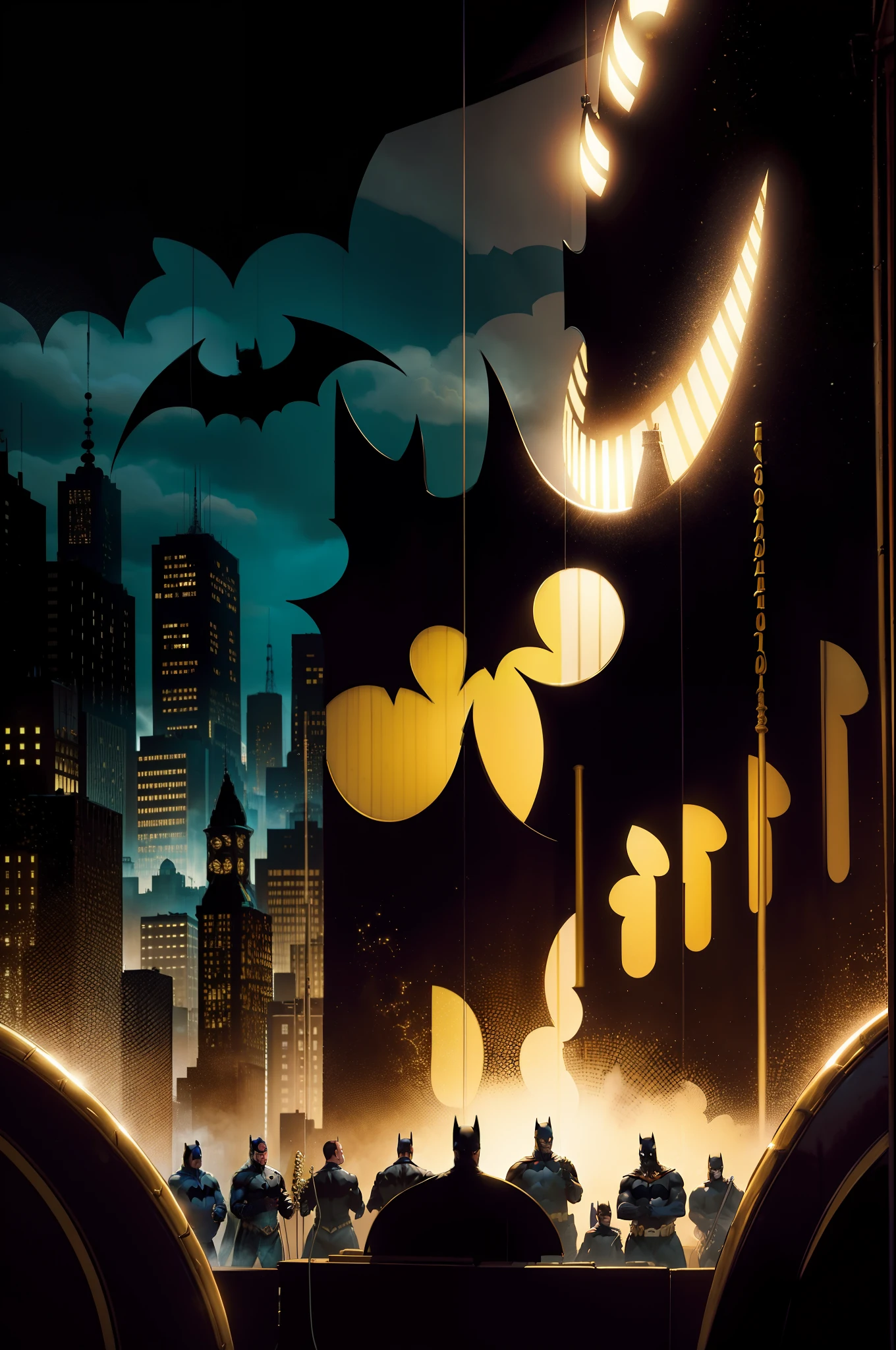 Batman musical, trombetas, Saxsofone, acoustic guitar, tambor, bateria, Acordes musicais, Cantar, Flautas, notas musicais, Gotham with the Sky of musical notes, Flashes, show musical