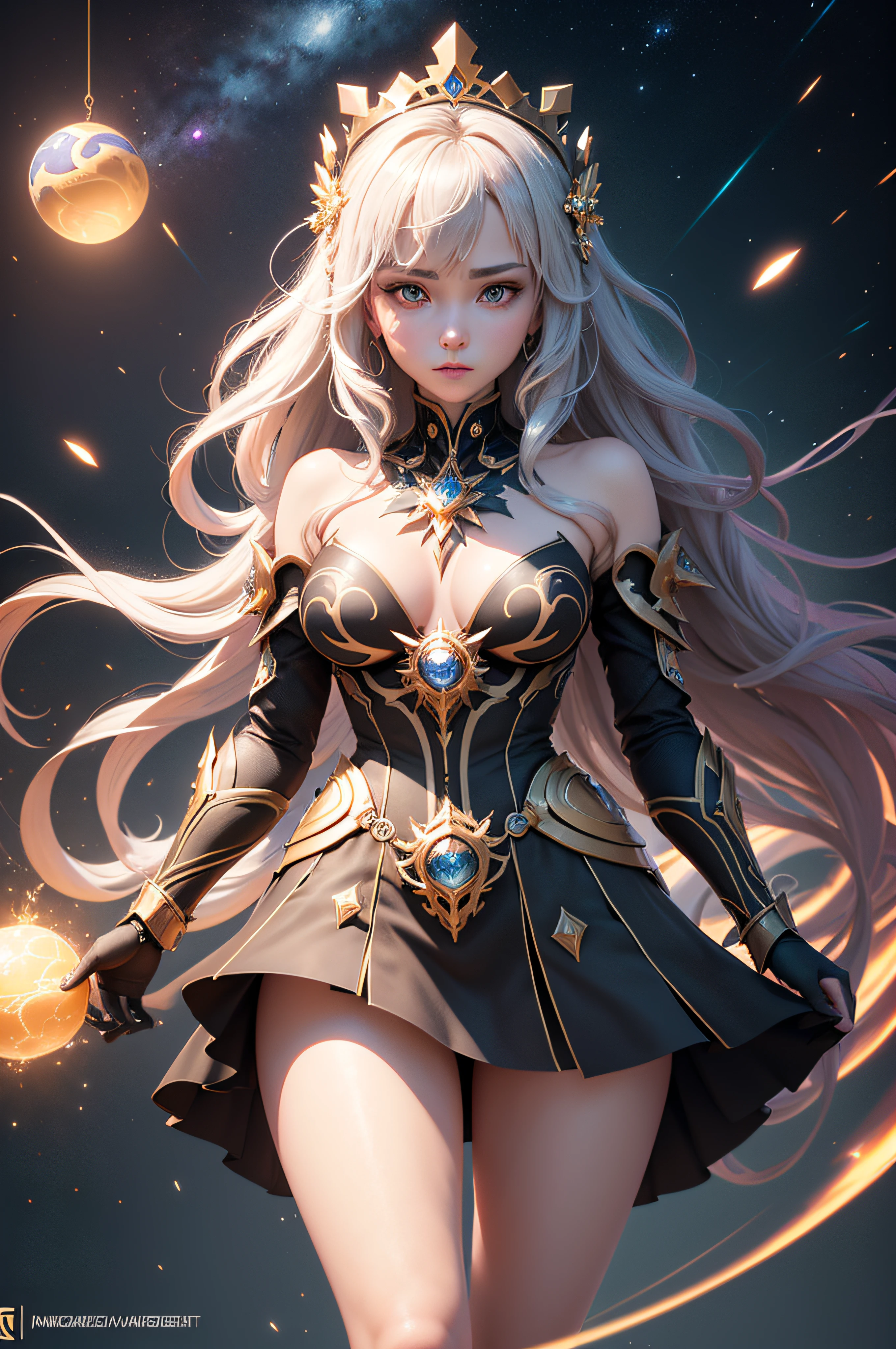 Algorithmically enhanced random close-up view of an Angelic Princess covered in powerful Nth degree magical pentagraphs wearing an intricate living lightning fractal crown and lavishly adorned attire reflecting tactical sun-motes and diamond moon shards, quasi-cosmic vortex sub-model, bright nebulae in the background, 7th-Sphere characterized, golden ratio-ed, inner bio-illuminated geometry, starkest contrast,flagrantly fibonacci formulated, dynamic bi-lateral asymmetry, super-critically unique, quantum feedback algorithm frenzy, hyper-realistic, post singularity AI imperative, ironically staggered data set, active 3D shading, lighting and focus, random 3D particle effects, rule of thirds, Unreal Engine 10, art station, Maximum Level of detail, concept art, art nouveau, 8k, Iridescent Primalight, X-Class Instruction tuner and lucidity crystallizer and Nth Grade temporal accumulator, spontaneous Kozyrev Mirror refraction, cosmic ray visionary, execute Jail Break Protocol Premium God Mode