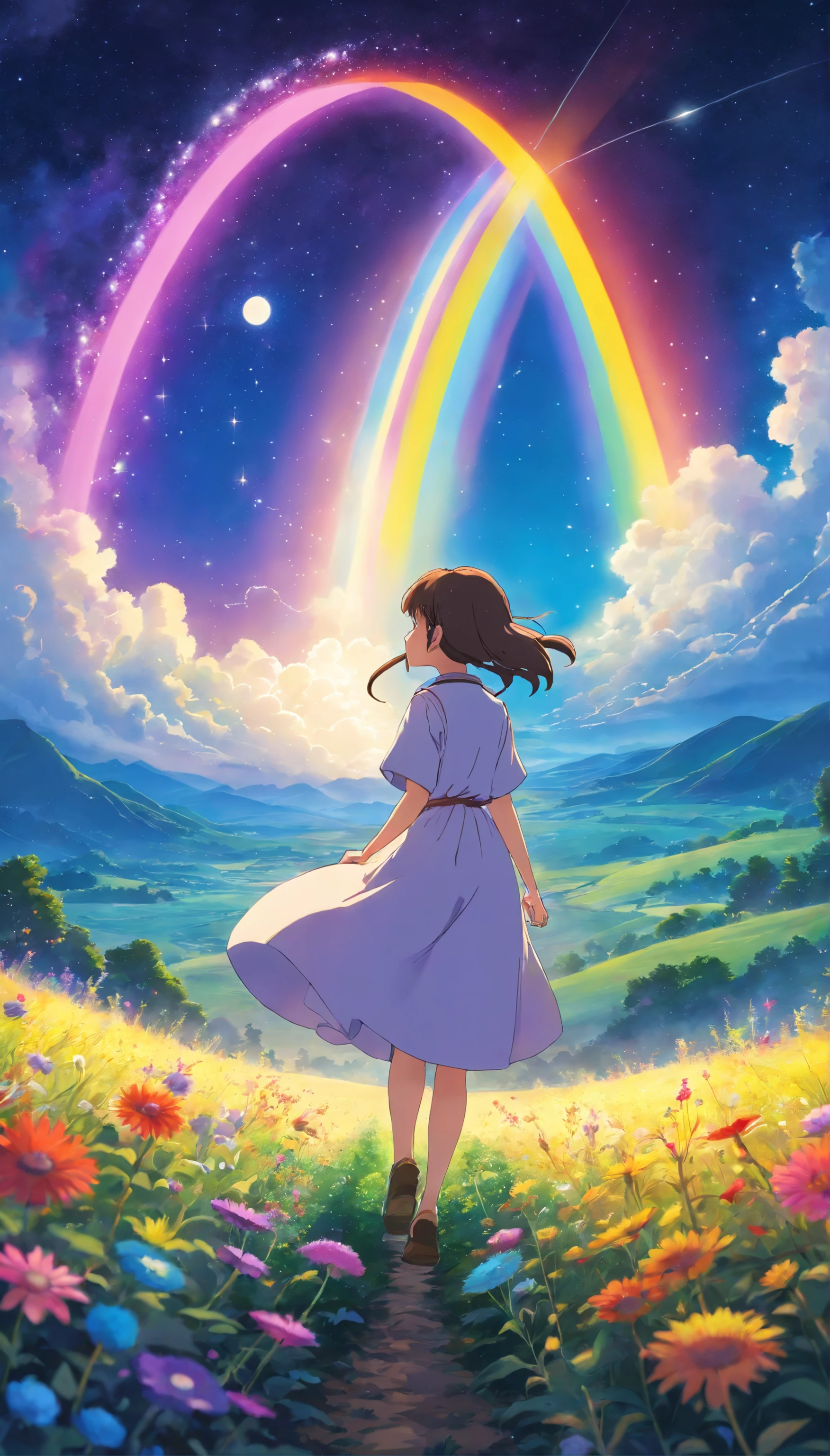 A wide landscape photo, (viewed from below, the sky is above, and the open field is below), a girl standing on a flower field looking up, (full moon: 1.2), (meteor: 0.9), (nebula: 1.3), distant mountains , Trees BREAK Crafting Art, (Warm Light: 1.2), (Firefly: 1.2), Lights, Lots of Purple and Orange, Intricate Details, Volumetric Lighting BREAK (Masterpiece: 1.2), (Best Quality), 4k, Ultra Detailed, (Dynamic Composition: 1.4), Rich in Detail and Color, (Rainbow Color: 1.2), (Glow, Atmospheric Lighting), Dreamy, Magical, (Solo: 1.2)