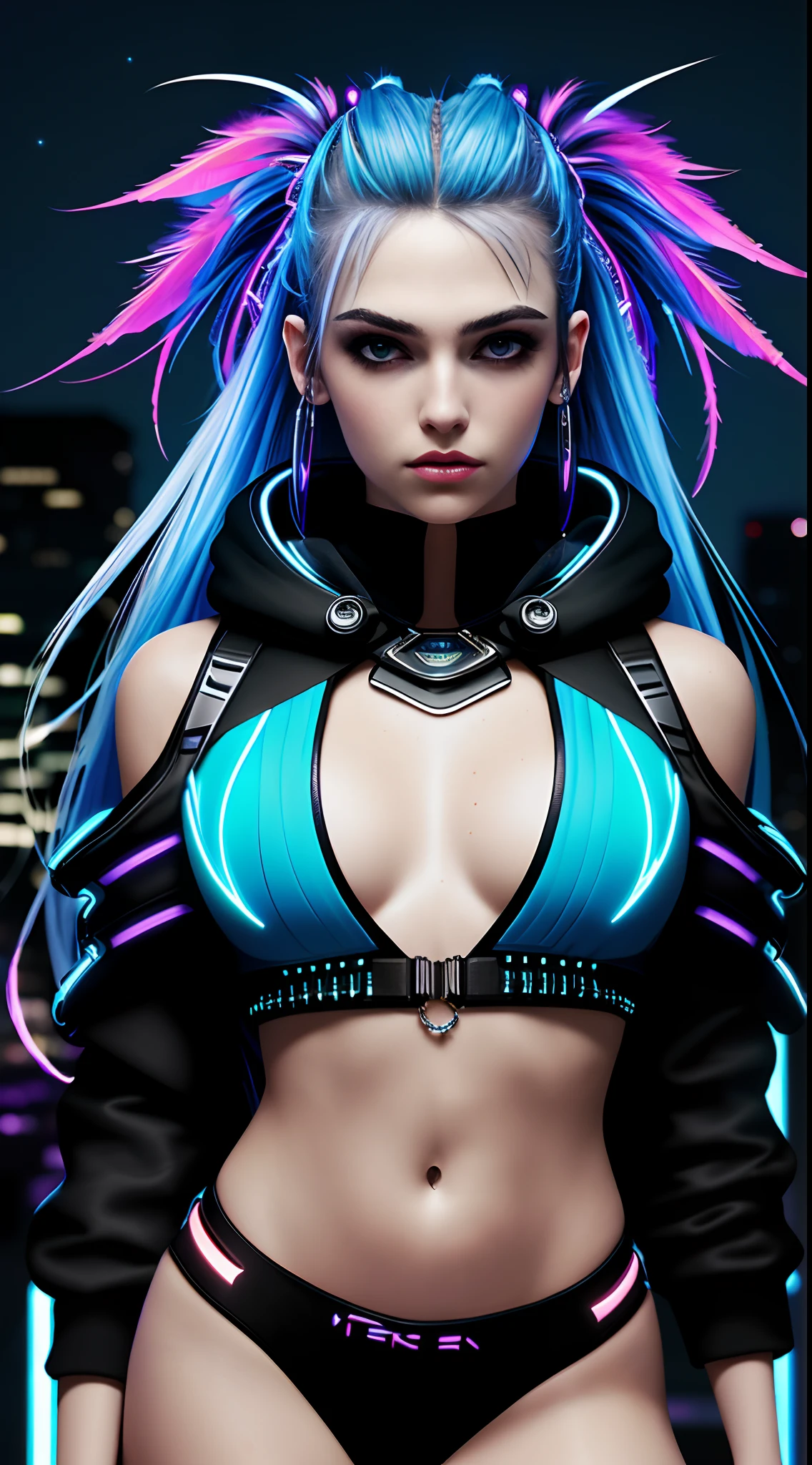 (masterpiece), best quality, ultra high res, girl, cyberpunk 1womam, stunning urban, hoodie, blue hair, neon color shooting stars, very long hair, off shoulder, feather hair ornament, neon colors, flashes, stunning night sky, cinematic lighting, photorealistic, realistic skin, HDR, fisheye