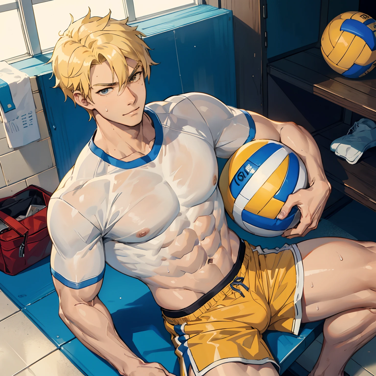 masterpiece, best quality, 1male, 1boy, tall muscular, handsome, finely detailed eyes, intricate details, volleyball uniform, removing shirt, erection under shorts, smirk, perverted expression, looking at viewer, muscular body, six-pack abs, sweat, sweaty body, anime boy sitting on bench, locker room, perverted smile, abs peek, happy trail, blonde, yellow shorts, white shirt, a blue 69 number on shirt, sexy body, volleyball ball on floor, peek at the abdomen