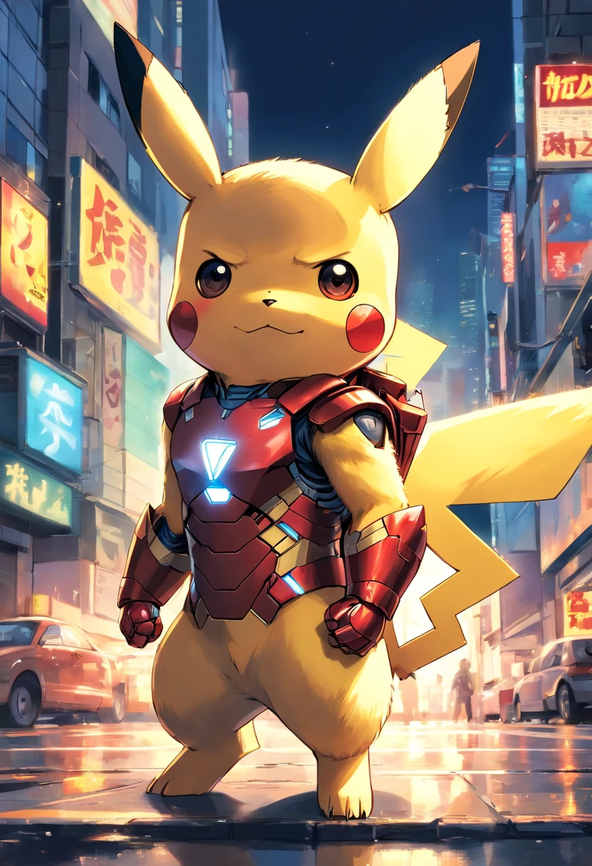 Highly detailed illustration of Pikachu in iconic Iron Man armor, Outstanding quality, dynamicposes, mischievous expression, Night view of the city, dramatic lighting, Ultra-realistic drawing style