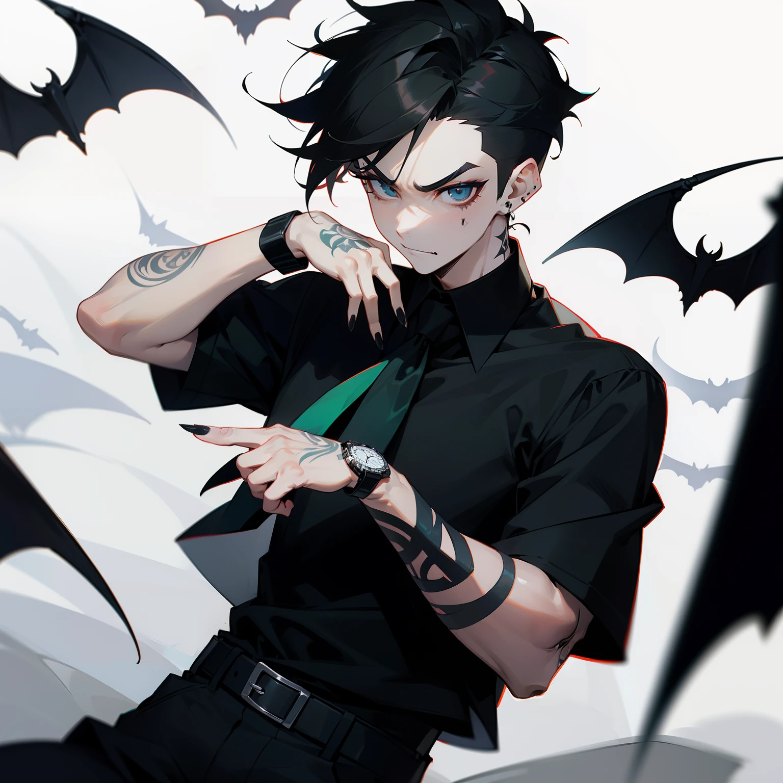 Man in shirt and tie, Male Focus, a belt, Black shirt, The tattoo, Short sleeves , Short hair, Black Short Sleeve Polo Shirt, Green tie, Black pants, punk, Raised eyebrows, Floppy bangs, Spiky back hair, Undercut , Simple black earrings, devil, Bat, Angry face, Black nails, arm tattoos, big eye, Black Eye Makeup, Wearing hair on the ears, Forehead, ssmile, wrist watch, Black Bangle, Square Thailand、highlights in hair、Mesh on hair、Black makeup under the eyes