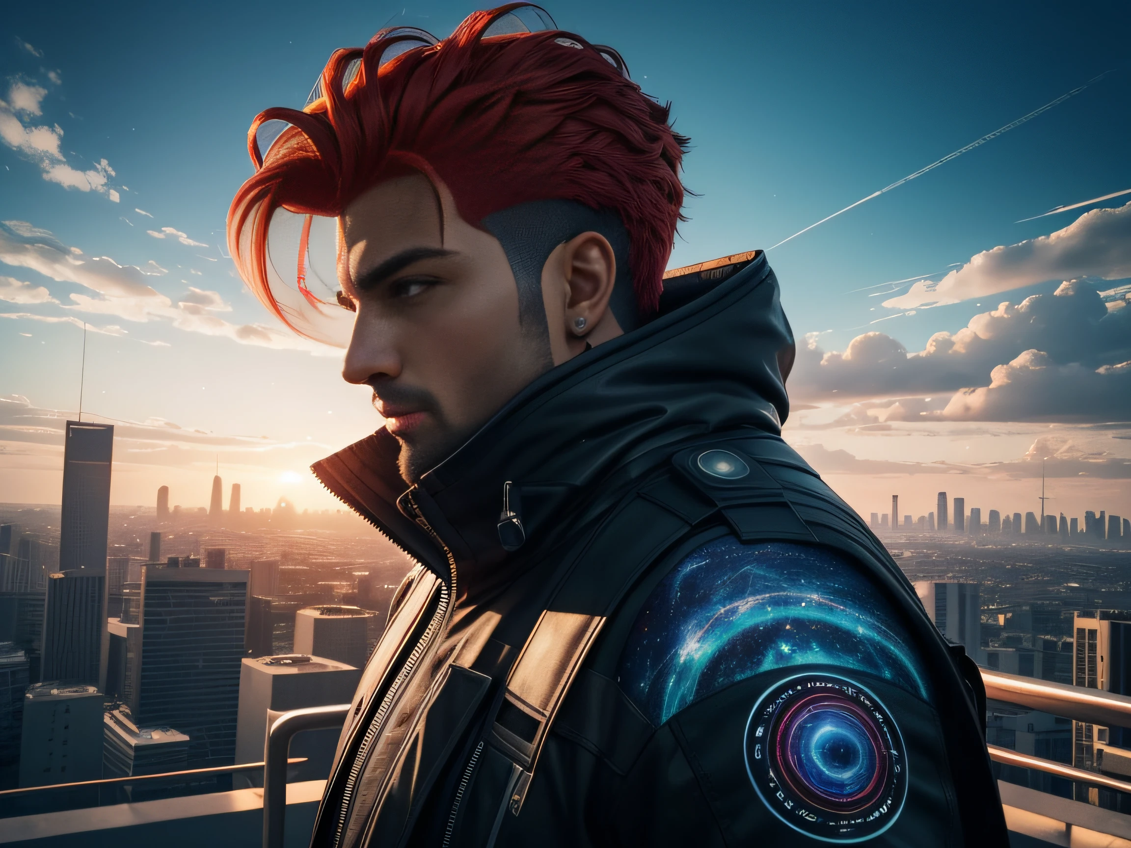 [Cyberpunk Eagle Robot 1.2], [Cidade Futurista 1.0], cinemactic, octano, cores insanas, arte hiper realista, trabalho premiado, Holographic accessories, e um pano de fundo de uma paisagem urbana cyberpunk imersiva. Crie esta obra-prima para transmitir a energia vibrante e a garra da paisagem urbana, making it a symbol of urban cool. (best quality:1.33), (master part:1.42), (Realistic:1.24), (circunstanciado:1.15), A fiery cosmic deity with flaming hair, a Deusa Ruiva irradia o brilho das estrelas. His eyes reflect distant galaxies, and his touch gives the essence of life to the planets. She is the creative force that weaves the fabric of the universe.