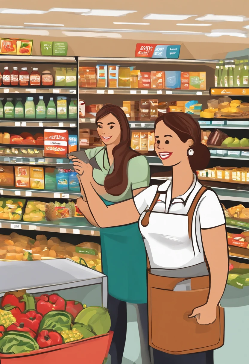 Create an illustration that depicts an interaction between two individuals in a supermarket environment. An individual is a supermarket employee, holding a clipboard, e conversou com um cliente. The employee is collecting data for the registration of the store card. The employee is wearing a colorful uniform with the supermarket's logo, nenhum, e tem um comportamento alegre. The customer is attentive and also smiling, segurando um carrinho de compras. In the background, retratam prateleiras abastecidas com produtos, Checkout counters, and all the characteristic elements of a supermarket environment