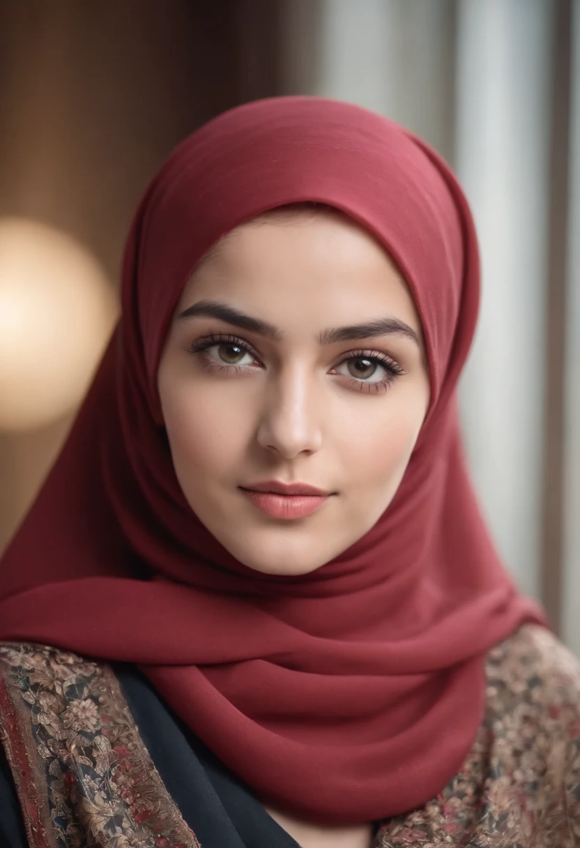 (a beautiful 20-year-old woman wearing a hijab, confident expression, bright eyes) her complete body is seen in the photo