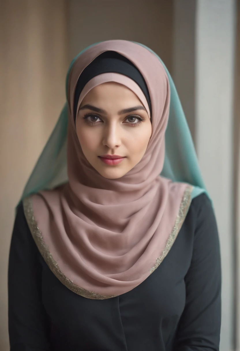 (a beautiful 20-year-old woman wearing a hijab, confident expression, bright eyes) her complete body is seen in the photo