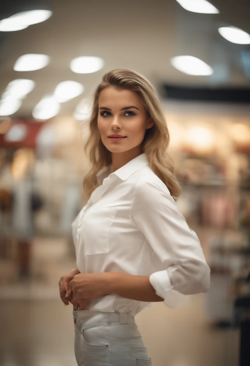(Brooke Monk) person posing in a mall clothing store, best quality, 1girl, bokeh, (mall:1,4), ((wearing a white shirt)), gorgeous, , beautiful detailed sky, (dynamic pose:1), soft lighting, wind, ((portrait:1,4)),