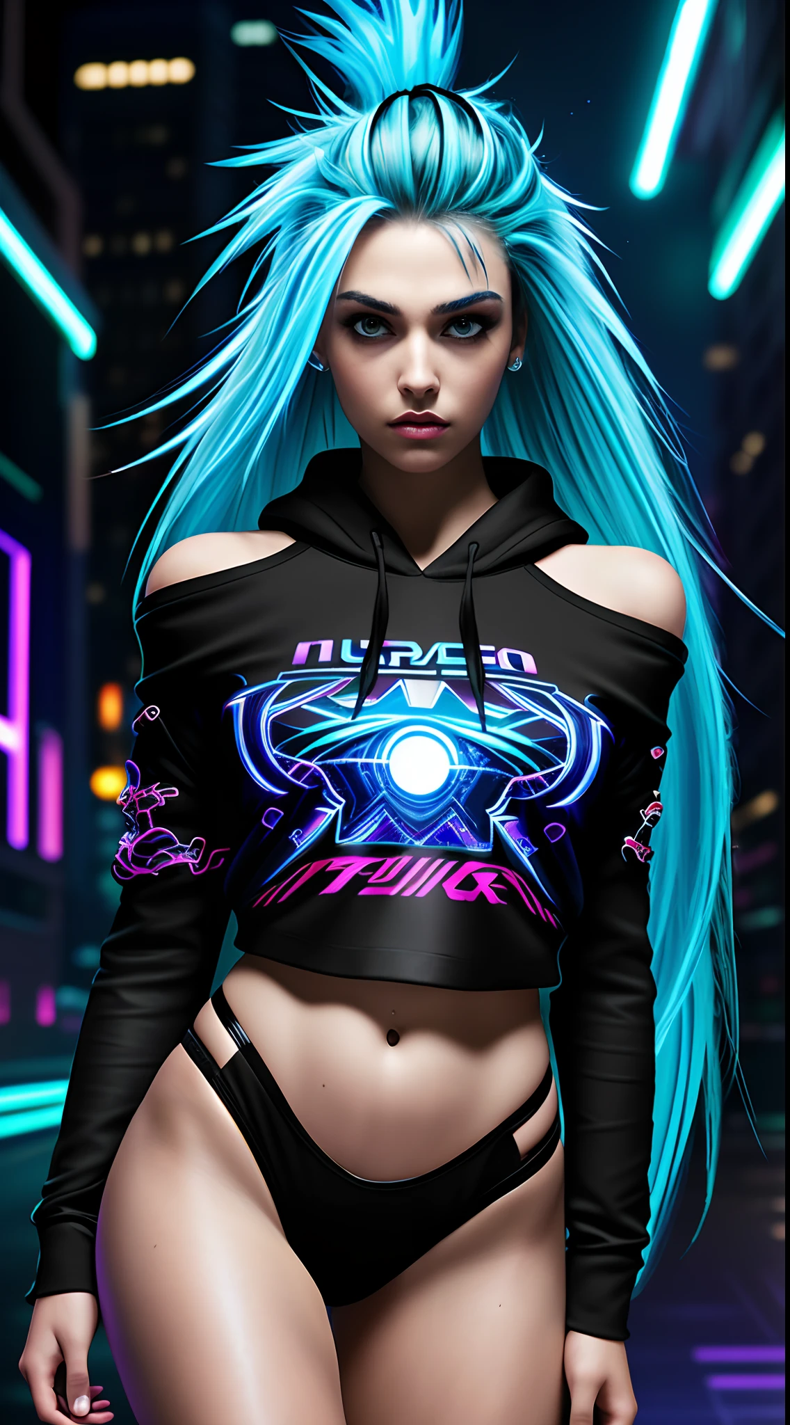 (masterpiece), best quality, ultra high res, girl, cyberpunk 1womam, stunning urban, hoodie, blue hair, neon color shooting stars, very long hair, off shoulder, feather hair ornament, neon colors, flashes, stunning night sky, cinematic lighting, photorealistic, realistic skin, HDR, fisheye