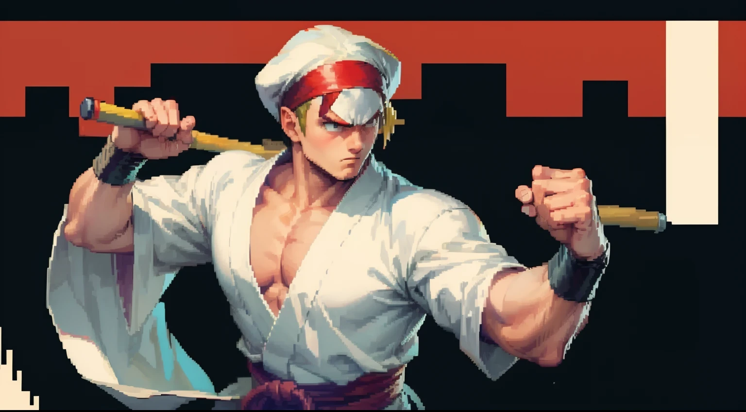 wallpaper, retro game, video game, banner, a man fighting pose, white kimono, serious face, night city, pixel art, line art, anime style, by akira toriyama