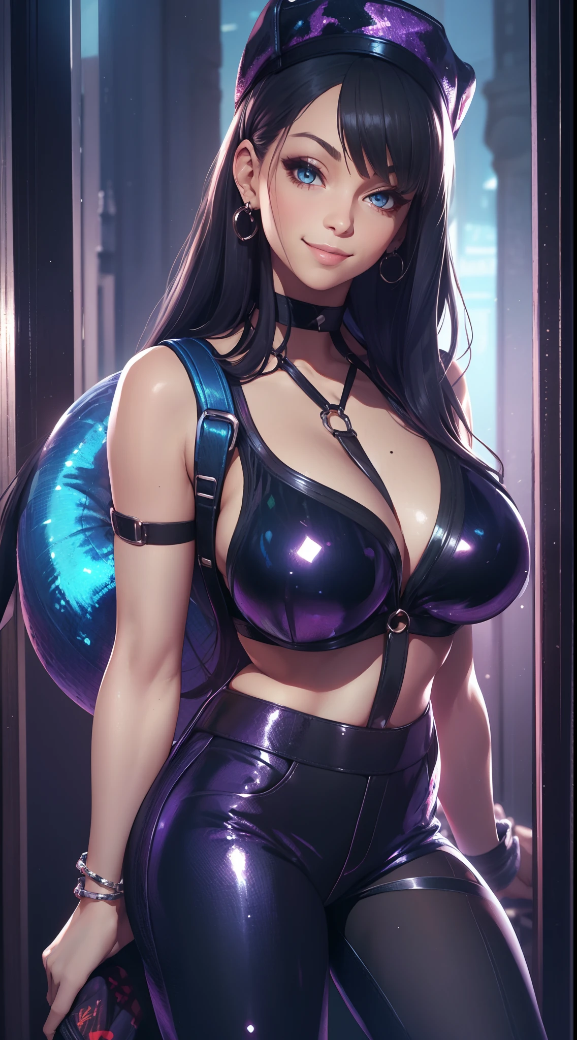 best quality, masterpiece, detailed, realistic, beautiful cool woman with long blue-black hair, wearing a cool sleeveless sequin shirt and pants, stylish cap, and dark shades, subtle cleavage, smug smile, modern, backpack, night time.