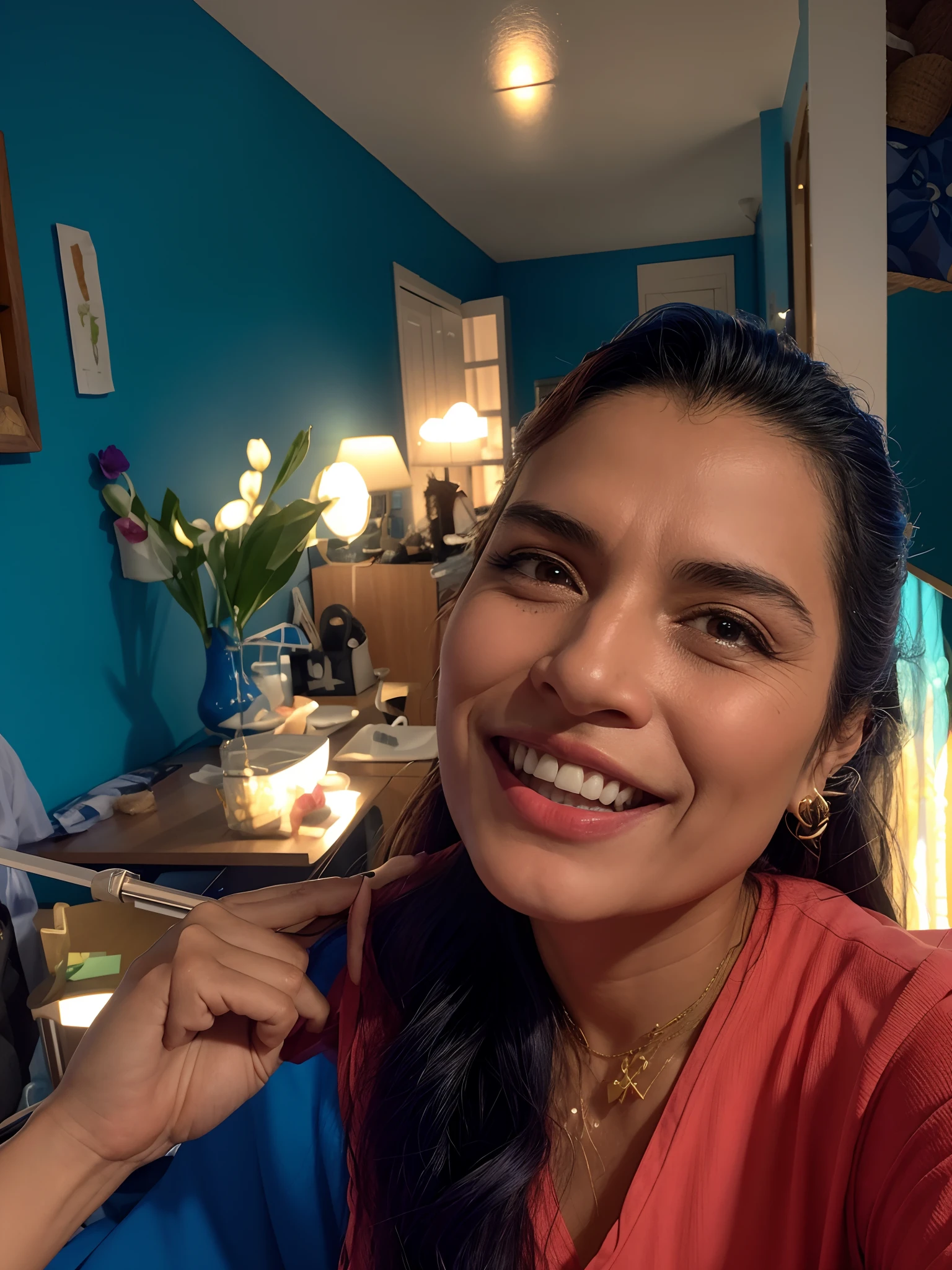 mulher sorridente no vestido azul sentado em uma varanda com um vaso de flores, imagem de perfil, Directed by: Nandor Soldier, imagem do avatar, Sandra Chevier, 3 5 year brazilian mother, happily smiling at the camera, fernanda suarez, 4 5 I, foto do perfil, Malika Favre, inspirado em Maria Helena Vieira da Silva, belos arredores