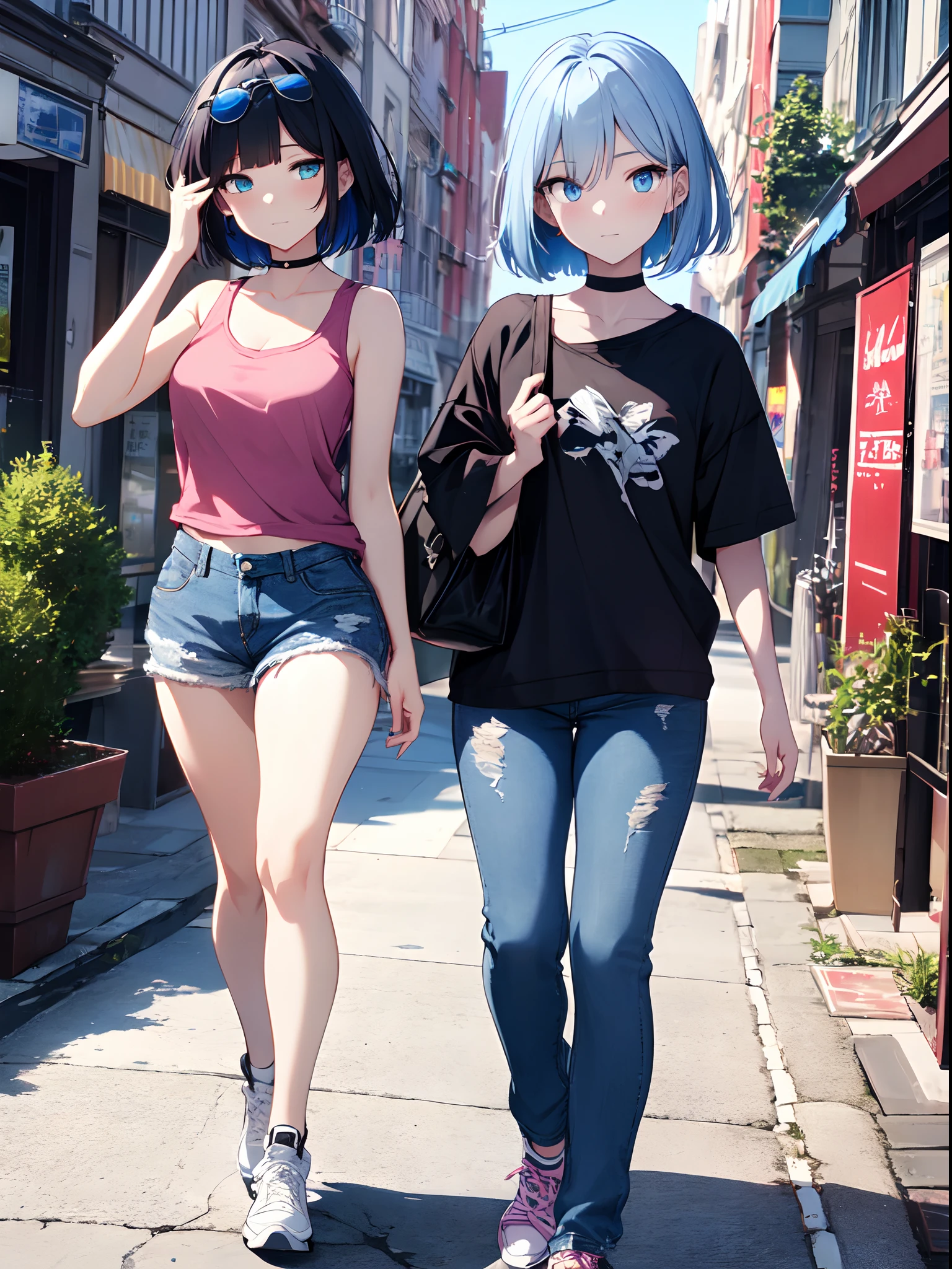 ((masterpiece)), ((Best Quality)), anime style, 1girl, solo, The most detailed skin, cowboy shot, Tank top (pale pink), Denim shorts, White sneakers, Sunglasses (on head), Simple choker, Tote bag (on shoulder), //, Stunned expression, Girl with troubled face, Ecstasy, (sexual expression), Slightly shy, Playful smirk, blush, Red face, //, large breasts, voluptuous body, //, Bob cut hair, blue hair color, (beautiful eyes), white-skinned, //, Busy city street, Facade of cafes and shops, Other people walking, (thick lines:1.2)