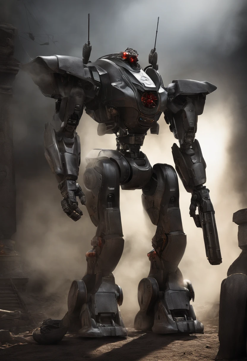 A robot the size of a man, semelhante ao exterminador do futuro, olhos vermelhos, has a scorpion tail on its head, It has a metallic black and white color, holding a large machine gun with his right arm firing a volley ,It has tank wheels on the feet