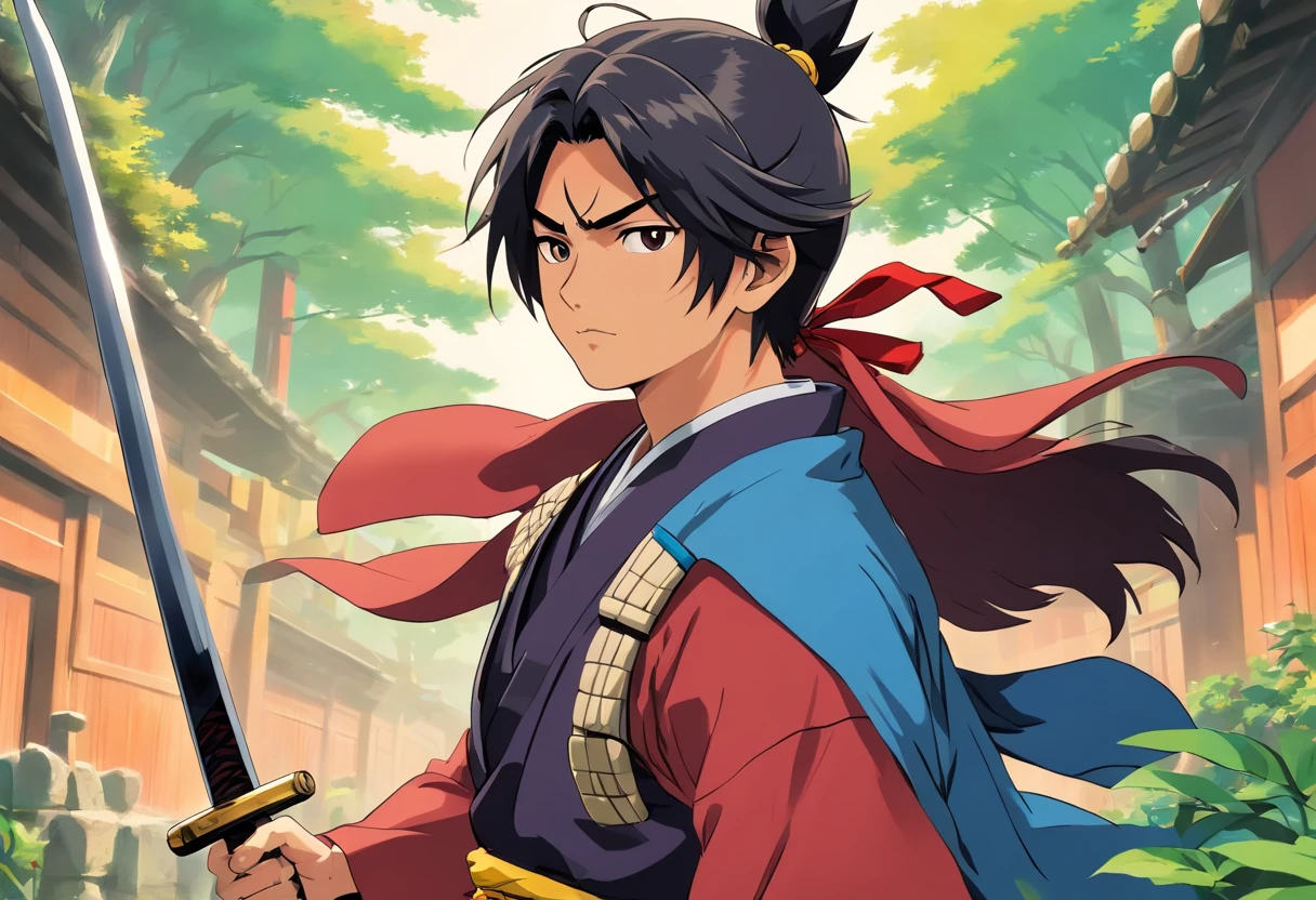 (((um homem samurai adulto com duas espadas na cintura))),((camera grande plano geral))),Contra-Plongée, olhar penetrante,roupas negras, obuscuro, cidade ciberpunk extremamente detalhada ao fundo ao fundo, roupas preta, rosto detalhado, jovem, extremamente detalhado, estilo anime, colorido, obra prima, 8k