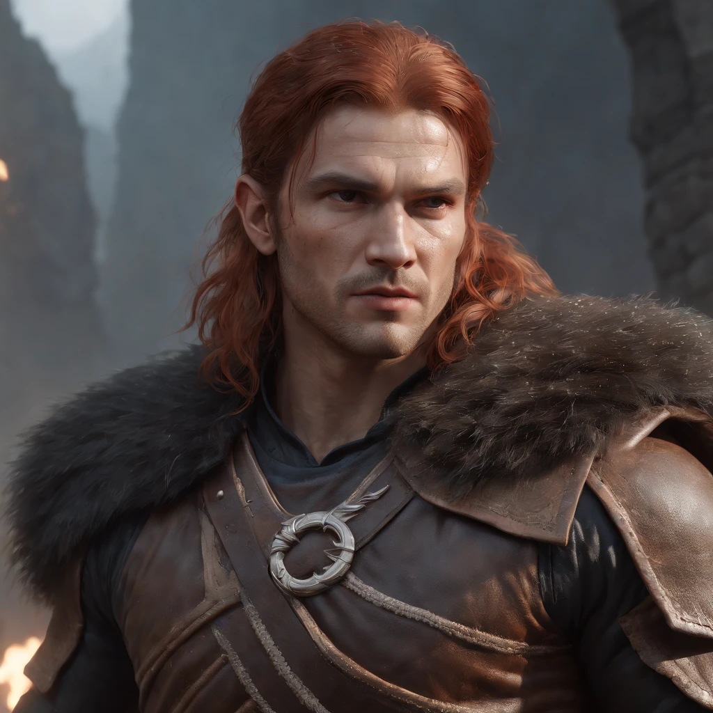 arafed man with red hair, muscular male, muscular male hero, muscular character, character art the contra, concept art like ernest khalimov, inspired by Ryan Barger, attractive beefy male with armor, muscle body with battle scars, amazing 8k character concept art, by Shen Zhou, epic, (professional 3d render:1.3) af (Realistic:1.3) most beautiful artwork photo in the world,Features soft and shiny male heroes, ((Epic hero fantasy muscle man rough wet hero angry look long hair short beard and ferocious expression in dynamic pose, Fantastic location, Majestic cluttered environment)), full body 8k unity render, action shot, skin pore, very dark lighting, heavyshading, Detailed, Detailed face, (vibrant, photograph realistic, Realistic, Dramatic, Dark, Sharp focus, 8K), (Old leather garments damaged by weathering:1.4), ((((Wear fur)))), (Intricate:1.4), decadent, (Highly detailed:1.4), Digital painting, rendering by octane, art stations, concept-art, smooth, Sharp focus, illustration, Art germ, (loish:0.23), wlop ilya kuvshinov, and greg rutkowski and alphonse mucha gracias, (Global illumination, Studio light, volumettic light), heavy rain, particles floating, lotr, fantasy, elf, full bodyesbian, ((Dark and ancient city background:1.3)),CGSesociety,art stations