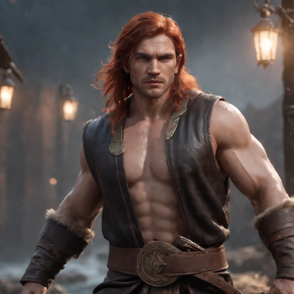 arafed man with red hair, muscular male, muscular male hero, muscular character, character art the contra, concept art like ernest khalimov, inspired by Ryan Barger, attractive beefy male with armor, muscle body with battle scars, amazing 8k character concept art, by Shen Zhou, epic, (professional 3d render:1.3) af (Realistic:1.3) most beautiful artwork photo in the world,Features soft and shiny male heroes, ((Epic hero fantasy muscle man rough wet hero angry look long hair short beard and ferocious expression in dynamic pose, Fantastic location, Majestic cluttered environment)), full body 8k unity render, action shot, skin pore, very dark lighting, heavyshading, Detailed, Detailed face, (vibrant, photograph realistic, Realistic, Dramatic, Dark, Sharp focus, 8K), (Old leather garments damaged by weathering:1.4), ((((Wear fur)))), (Intricate:1.4), decadent, (Highly detailed:1.4), Digital painting, rendering by octane, art stations, concept-art, smooth, Sharp focus, illustration, Art germ, (loish:0.23), wlop ilya kuvshinov, and greg rutkowski and alphonse mucha gracias, (Global illumination, Studio light, volumettic light), heavy rain, particles floating, lotr, fantasy, elf, full bodyesbian, ((Dark and ancient city background:1.3)),CGSesociety,art stations