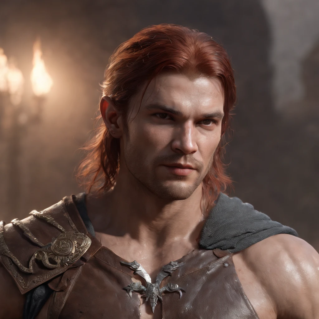 arafed man with red hair, muscular male, muscular male hero, muscular character, character art the contra, concept art like ernest khalimov, inspired by Ryan Barger, attractive beefy male with armor, muscle body with battle scars, amazing 8k character concept art, by Shen Zhou, epic, (professional 3d render:1.3) af (Realistic:1.3) most beautiful artwork photo in the world,Features soft and shiny male heroes, ((Epic hero fantasy muscle man rough wet hero angry look long hair short beard and ferocious expression in dynamic pose, Fantastic location, Majestic cluttered environment)), full body 8k unity render, action shot, skin pore, very dark lighting, heavyshading, Detailed, Detailed face, (vibrant, photograph realistic, Realistic, Dramatic, Dark, Sharp focus, 8K), (Old leather garments damaged by weathering:1.4), ((((Wear fur)))), (Intricate:1.4), decadent, (Highly detailed:1.4), Digital painting, rendering by octane, art stations, concept-art, smooth, Sharp focus, illustration, Art germ, (loish:0.23), wlop ilya kuvshinov, and greg rutkowski and alphonse mucha gracias, (Global illumination, Studio light, volumettic light), heavy rain, particles floating, lotr, fantasy, elf, full bodyesbian, ((Dark and ancient city background:1.3)),CGSesociety,art stations