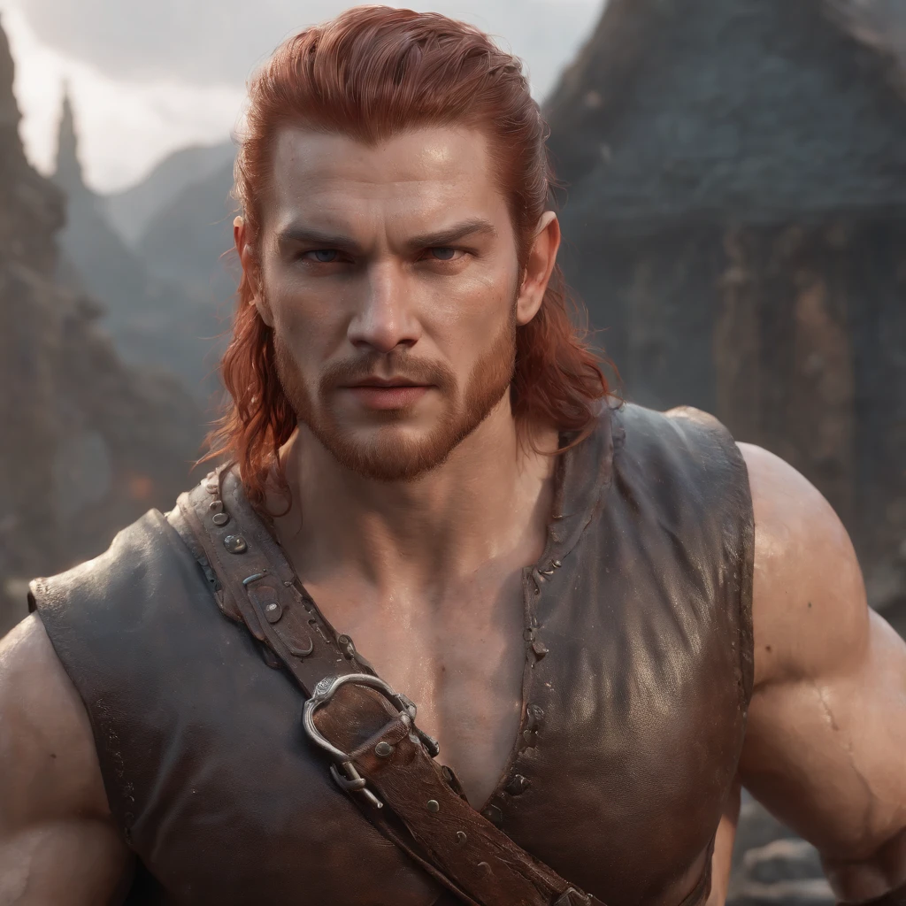 arafed man with red hair, muscular male, muscular male hero, muscular character, character art the contra, concept art like ernest khalimov, inspired by Ryan Barger, attractive beefy male with armor, muscle body with battle scars, amazing 8k character concept art, by Shen Zhou, epic, (professional 3d render:1.3) af (Realistic:1.3) most beautiful artwork photo in the world,Features soft and shiny male heroes, ((Epic hero fantasy muscle man rough wet hero angry look long hair short beard and ferocious expression in dynamic pose, Fantastic location, Majestic cluttered environment)), full body 8k unity render, action shot, skin pore, very dark lighting, heavyshading, Detailed, Detailed face, (vibrant, photograph realistic, Realistic, Dramatic, Dark, Sharp focus, 8K), (Old leather garments damaged by weathering:1.4), ((((Wear fur)))), (Intricate:1.4), decadent, (Highly detailed:1.4), Digital painting, rendering by octane, art stations, concept-art, smooth, Sharp focus, illustration, Art germ, (loish:0.23), wlop ilya kuvshinov, and greg rutkowski and alphonse mucha gracias, (Global illumination, Studio light, volumettic light), heavy rain, particles floating, lotr, fantasy, elf, full bodyesbian, ((Dark and ancient city background:1.3)),CGSesociety,art stations