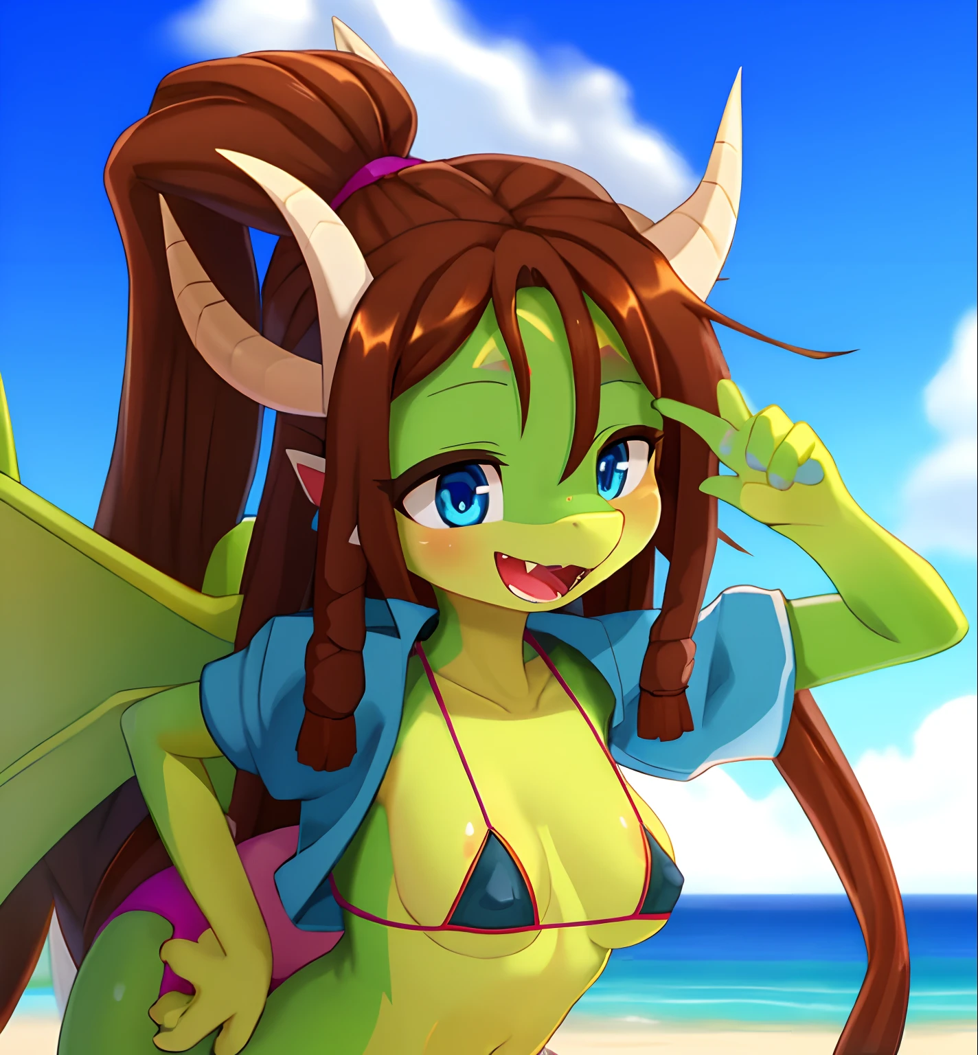Draconic girl, brown hair, spiky hair, long dreadlocks ponytail, anime style, medium breasts, blue eyes, white jacket, open clothes, green draconic wings, high quality, detailed body, detailed eyes, detailed face, masterpiece, glistening body, best quality, skinny, :D, beach, clear Sky, anthro, dragon, lime body, lime scales, triangle bikini, tail, white horns,
