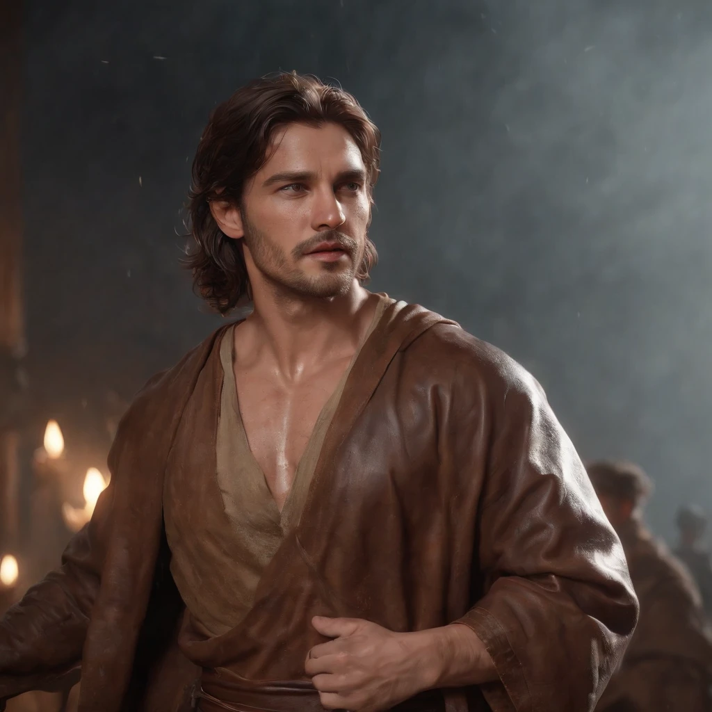 Cabelo vermelho, (Professional 3D rendering:1.3) de (Realistic:1.3) Foto de arte mais bonita do mundo,Features soft, bright male heroes, ((Epic hero fantasy rough muscular man wet hero angry look long hair short beard and fierce expression in dynamic pose, fantastic location, majestoso ambiente desordenado)), corpo inteiro 8k unidade render, action shot, poros da pele, very dark lighting, sombreamento pesado, circunstanciado, Rosto detalhado, (vibrante, fotogrdeia realista, Realistic, Dramatic, Escuro, foco nítido, 8k), (Old leather clothes damaged by bad weather:1.4), ((((Use peles)))), (intrincado:1.4), decadente, (altamente detalhado:1.4), pintura digital, rendering by octane, art stations, Conceito-Arte, liso, foco nítido, illustration, germe da arte, (Loish:0.23), Wlop Ilya Kuvshinov, e Greg Rutkowski e Alphonse Mucha Gracias, (global ilumination, studiolight, Light Volumetric), chuva forte, floating particles, patife, fantasia, Onze, corpo inteiroesbian, ((Fundo escuro e antigo da cidade:1.3)),CGSesociedade,art stations
