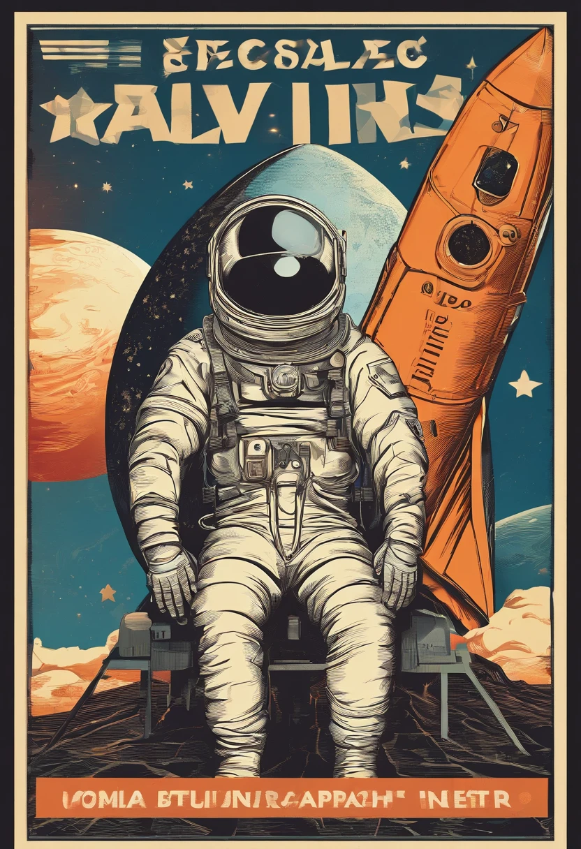 Newspaper cover with man astronaut giving press interview at rocket launch, local com pessoas, Reporter, helicopter, grande foguete decolando ao fundo, Astronaut with rocket in the background in a launch interview