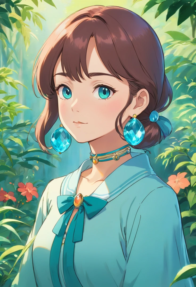 a girl wearing an anime collar, a long necklace and earrings, in the style of tranquil gardenscapes, colorful animation stills, masami teraoka, aquamarine, paul gauguin, Embry style, honest portrayal