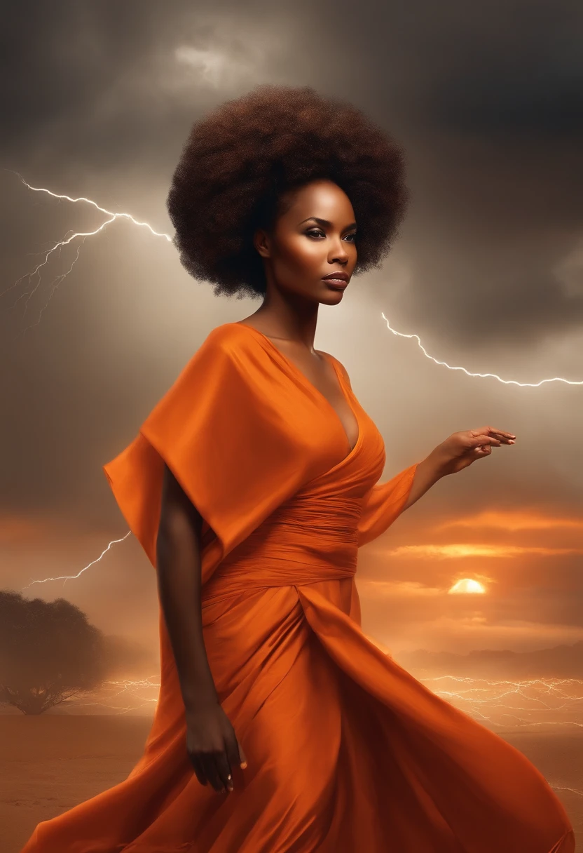 Iansã, African woman in flowing orange robes. linda. in the background lightning and thunder. estilo desenho