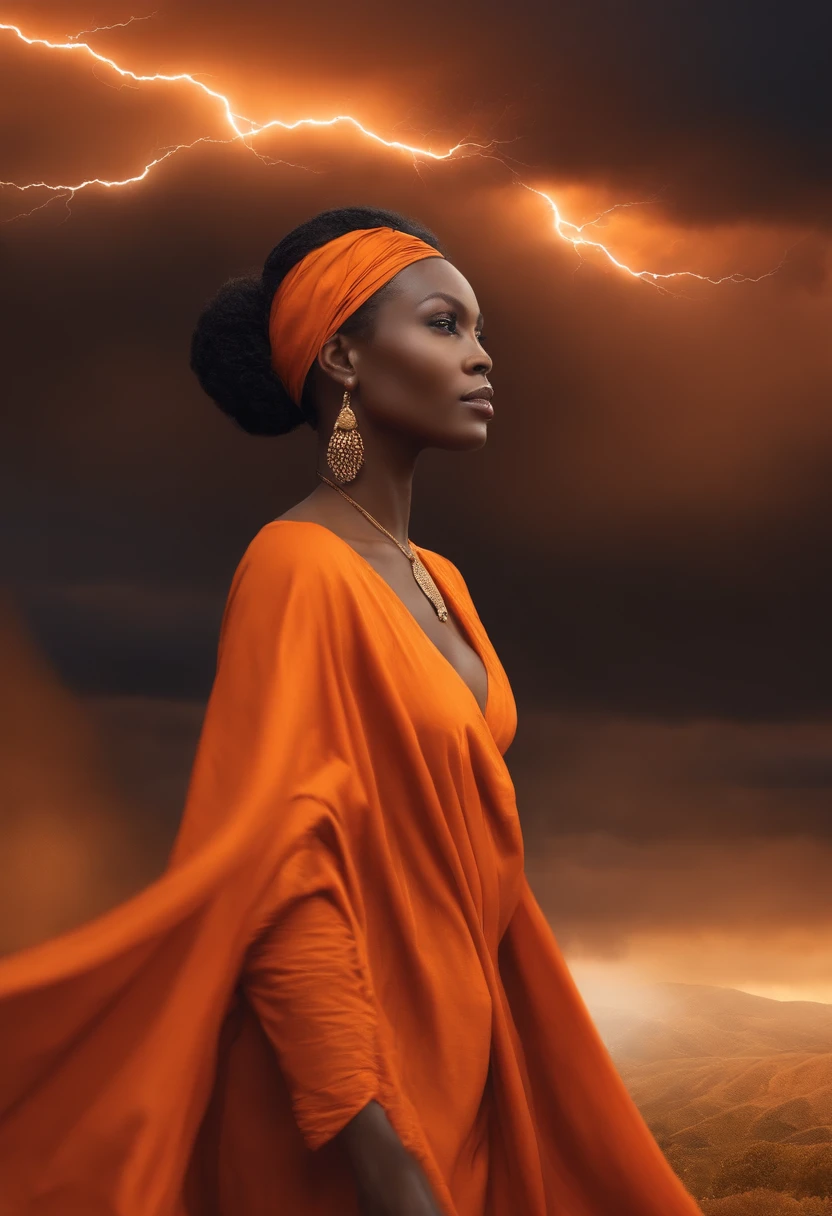 Iansã, African woman in flowing orange robes. linda. in the background lightning and thunder. estilo desenho