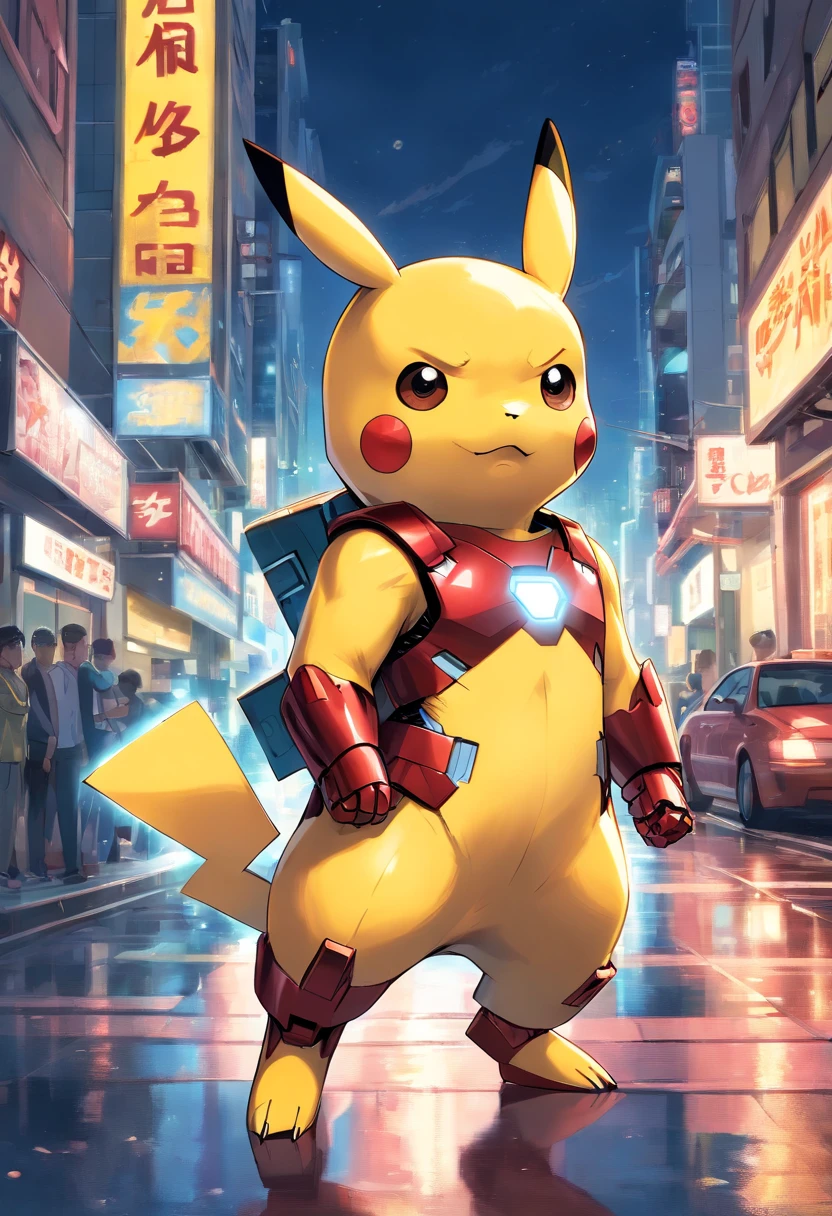 Highly detailed illustration of Pikachu in iconic Iron Man armor, Outstanding quality, dynamicposes, mischievous expression, Night view of the city, dramatic lighting, Ultra-realistic drawing style