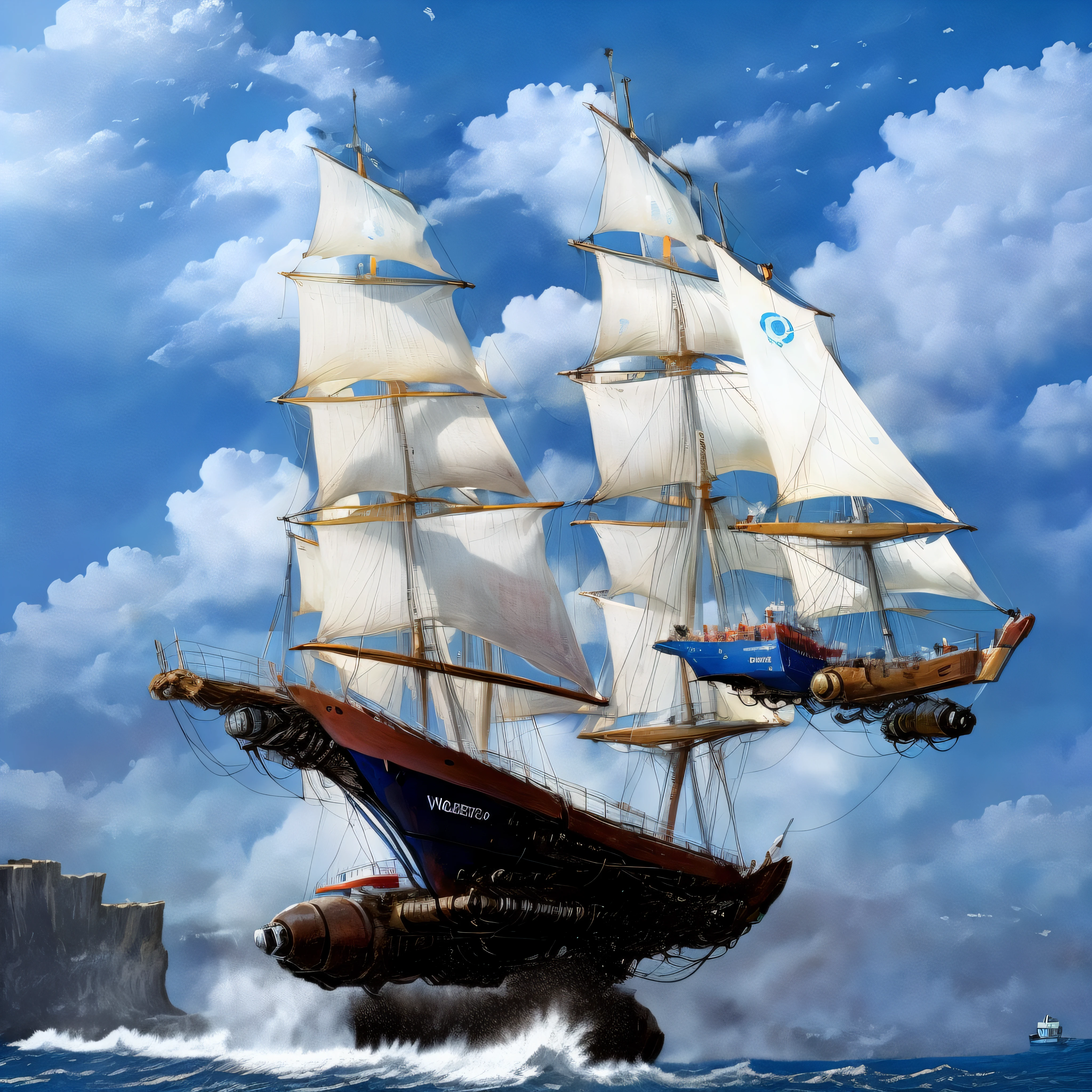 Super velero futurista, con casco blanco y azul, It has five masts and a multitude of sails and is flying among the multicolored clouds and while down in a very rough sea huge threatening waves crashing against the cliffs