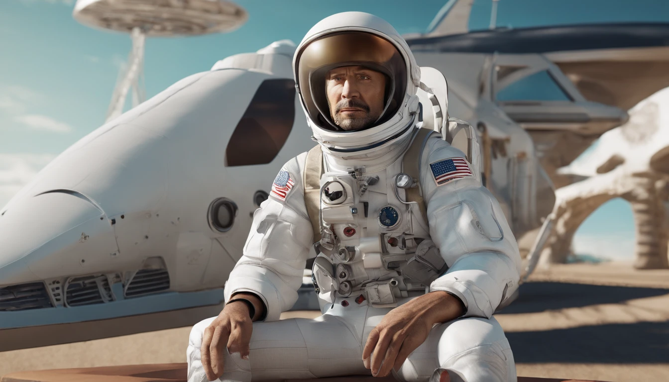 Man astronaut giving press conference at rocket launch, local com pessoas, Reporter, helicopter, grande foguete decolando ao fundo, Astronaut with rocket in the background in a launch interview, sol da tarde, people watching the rocket launch, Astronaut holding helmet with hand, 4k