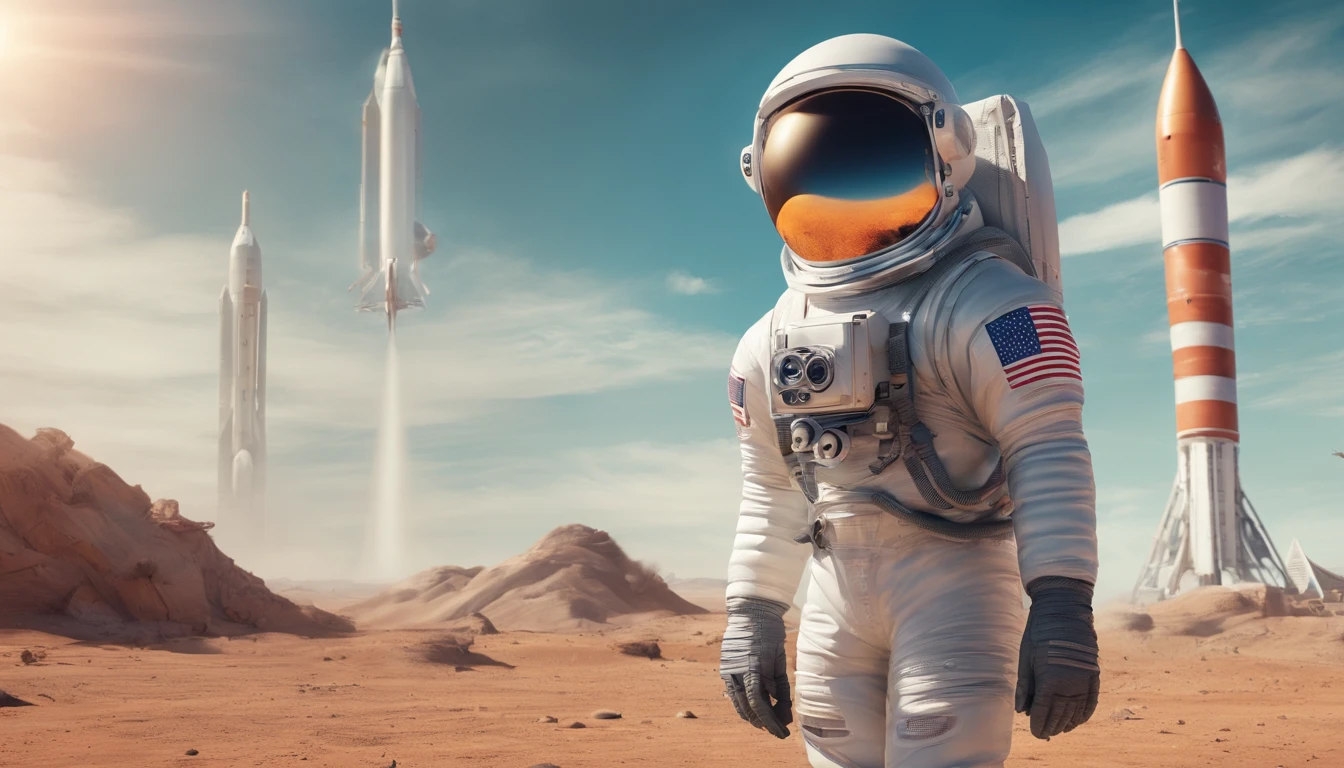 Man astronaut giving press conference at rocket launch, local com pessoas, Reporter, helicopter, grande foguete decolando ao fundo, Astronaut with rocket in the background in a launch interview, sol da tarde, people watching the rocket launch, Astronaut holding helmet with hand, 4k