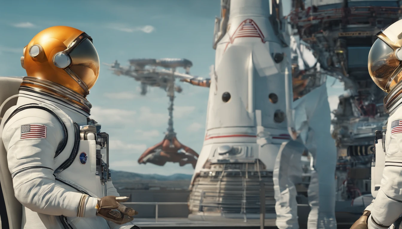 Man astronaut giving press conference at rocket launch, local com pessoas, Reporter, helicopter, grande foguete decolando ao fundo, Astronaut with rocket in the background in a launch interview, sol da tarde, people watching the rocket launch, Astronaut holding helmet with hand, 4k
