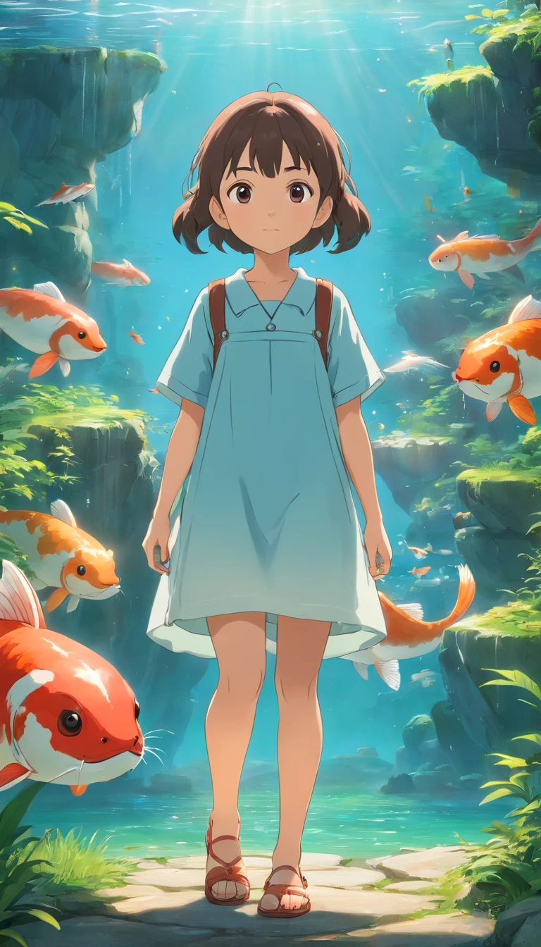 movie picture quality,Hayao Miyazaki animation,Miyazaki animation style,Miyazaki film animation,3D movies,China-style, girl with short braids standing in front of a huge koi,swell sea,depth of fields,high light,Real light,Ray traching,oc rendered,Hyper-realistic,best qualtiy,8K,Works of masters,super-fine,Detailed pubic hair,Correct anatomy,sharp focus on eyes,Bokeh,Facial features are carefully depicted