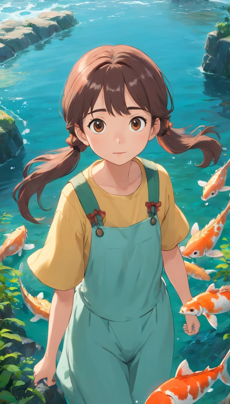 movie picture quality,Hayao Miyazaki animation,Miyazaki animation style,Miyazaki film animation,3D movies,China-style,Little girl with short braids standing in front of a huge koi,swell sea,depth of fields,high light,Real light,Ray traching,oc rendered,Hyper-realistic,best qualtiy,8K,Works of masters,super-fine,Detailed pubic hair,Correct anatomy,sharp focus on eyes,Bokeh,Facial features are carefully depicted