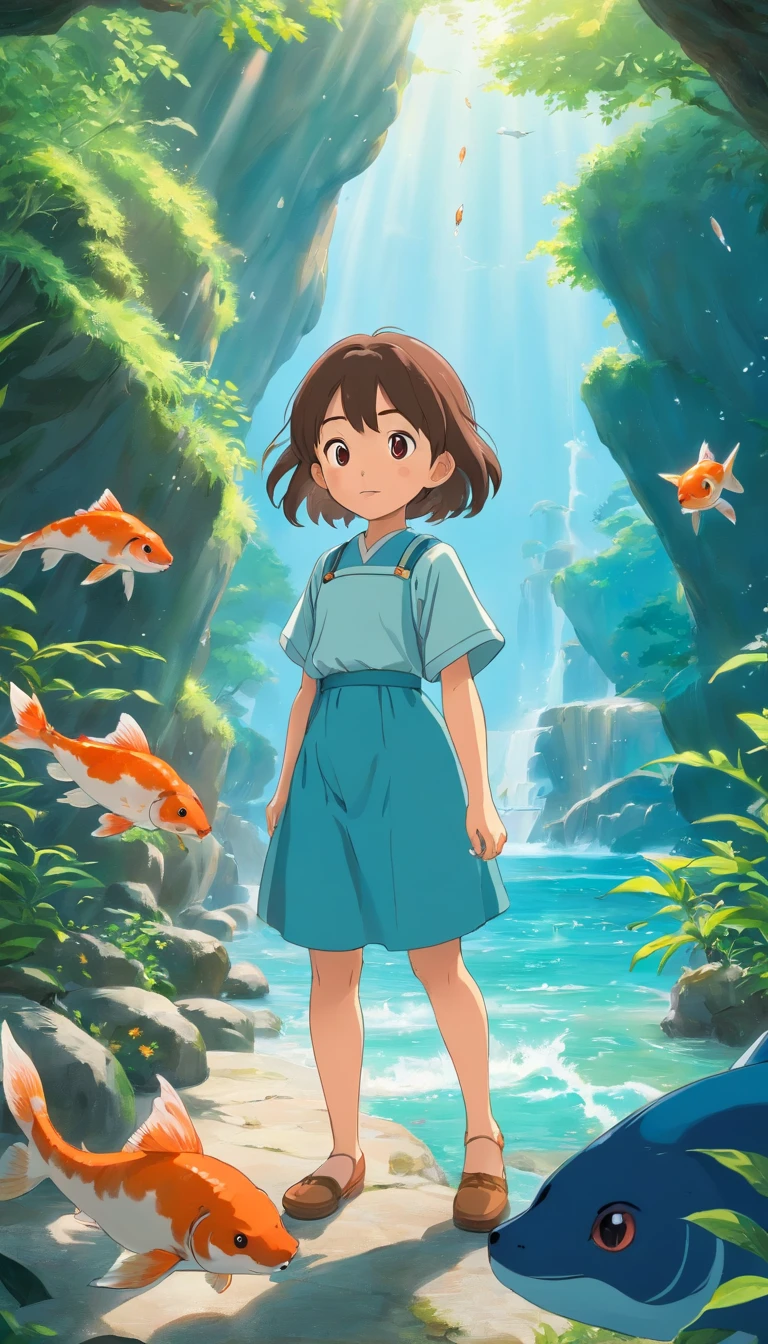 movie picture quality,Hayao Miyazaki animation,Miyazaki animation style,Miyazaki film animation,3D movies,China-style, girl with short braids standing in front of a huge koi,swell sea,depth of fields,high light,Real light,Ray traching,oc rendered,Hyper-realistic,best qualtiy,8K,Works of masters,super-fine,Detailed pubic hair,Correct anatomy,sharp focus on eyes,Bokeh,Facial features are carefully depicted