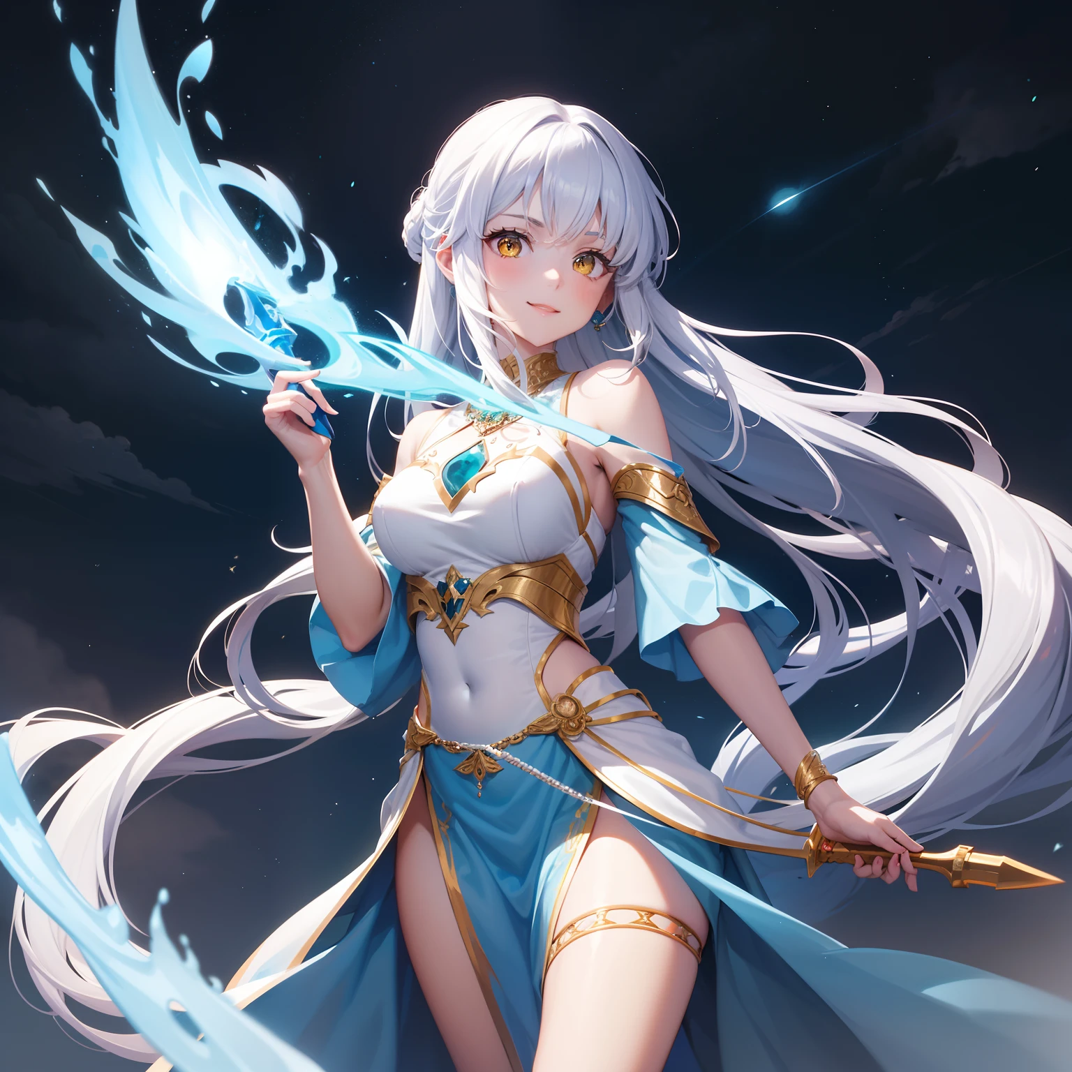 Drawing the  sword of the lava mountain,  ,  and  cold  flame of the ancient style woman, holding the blue flame burning sword, white clothes dancing sword in the red long hair flowing and  yellow eyes holding a silver long sword beautiful woman, wearing jade jewelry, her face is full of confident smiles, she is suspended in the clouds like a god, behind her is a lava