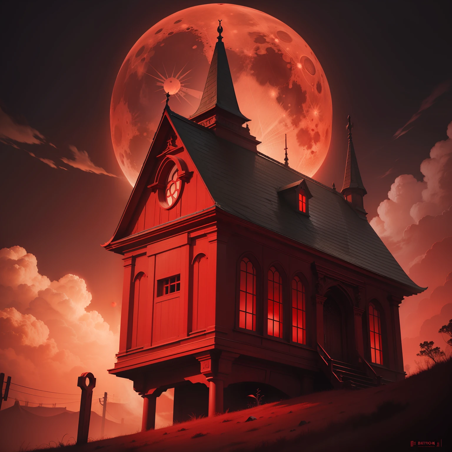 Abandoned mansion in a lush forest, red moon, darkness, shadow play, a wolf, stars, (art inspired in Bill Sienkiewicz). oil painting, details of brush strokes that enhance depth)