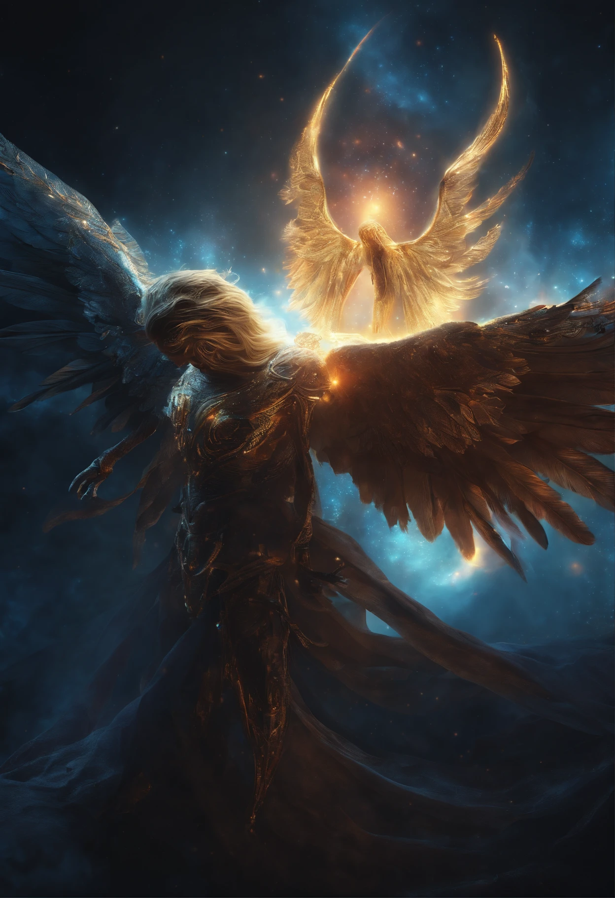 Cosmic Fallen Angel, glowing light eyes, Biomechanical, eerie, Creepy, nightmarish, Very bright colors, Light particles, with light glowing, Mshiv, wallpaper art, UHD wallpaper